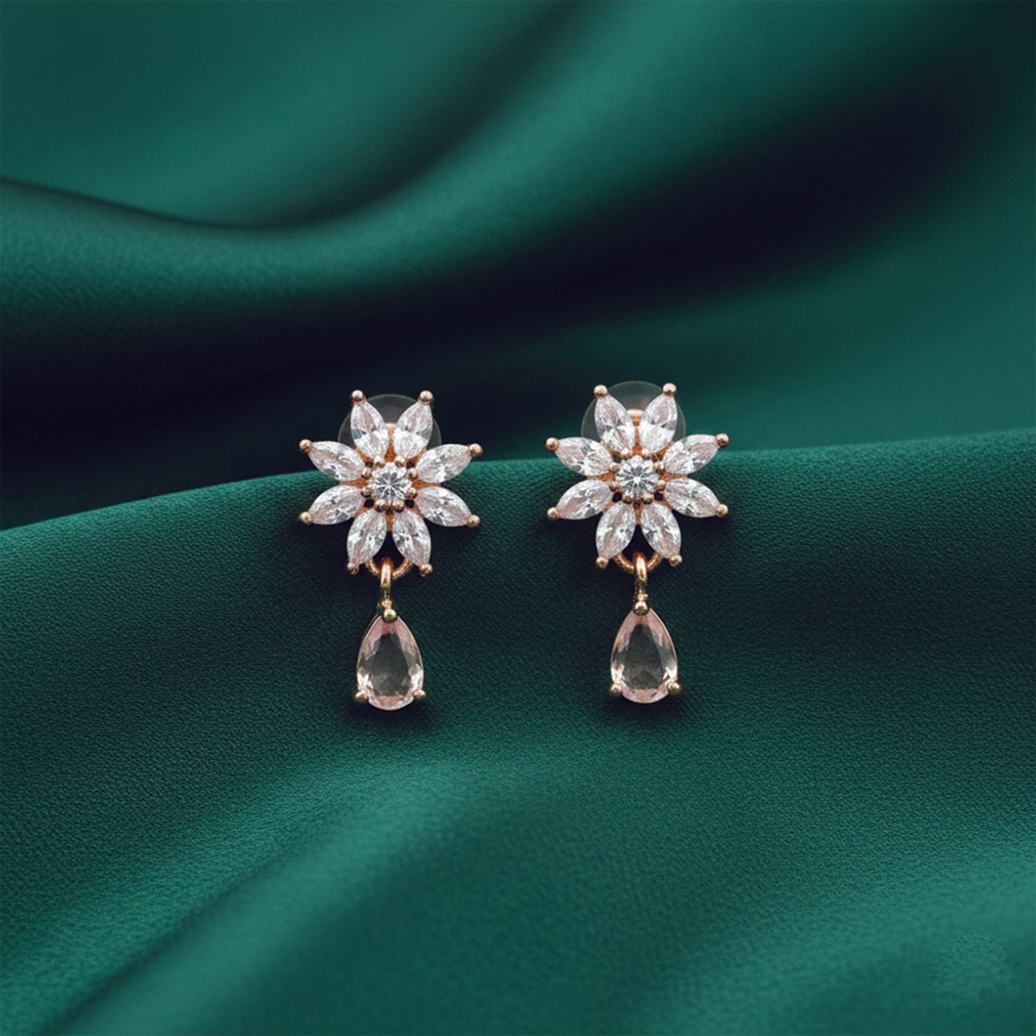 Elena White Bloom Drop Earrings in Rose Gold Finish