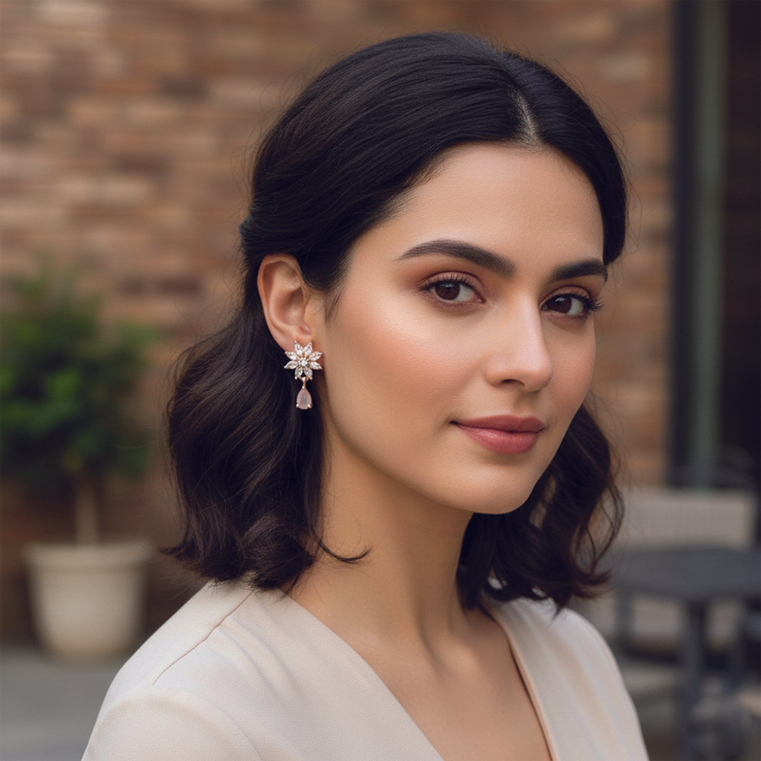 Elena White Bloom Drop Earrings in Rose Gold Finish