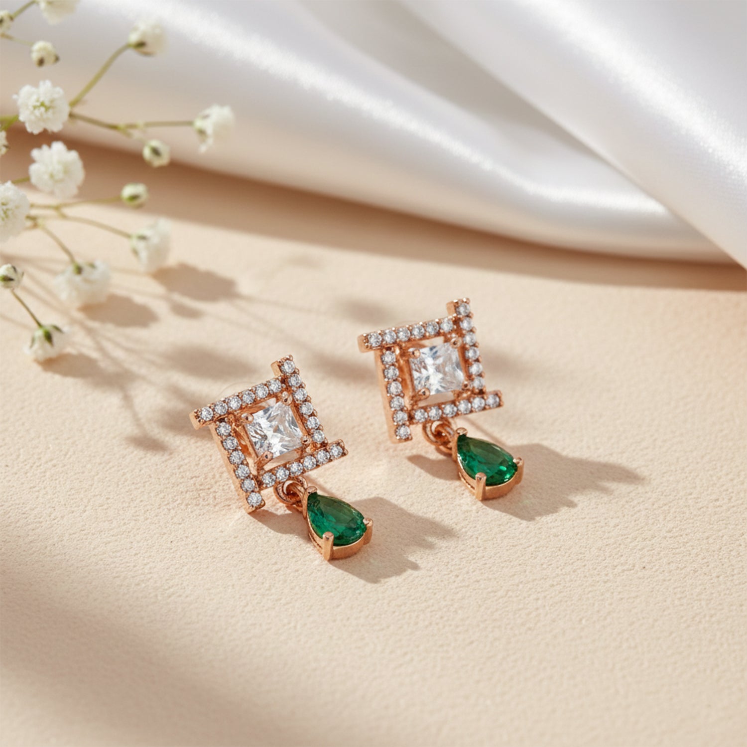 Celina- Green Drop Geometric Stud Earrings in Rose Gold Finish