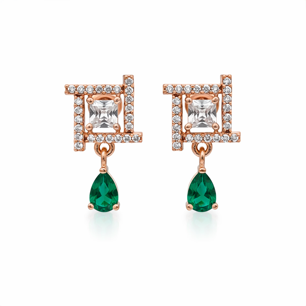Celina- Green Drop Geometric Stud Earrings in Rose Gold Finish