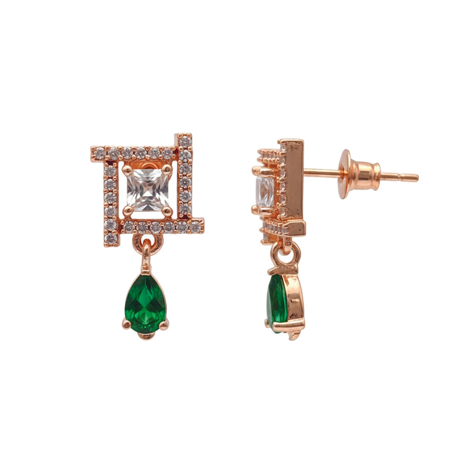 Celina- Green Drop Geometric Stud Earrings in Rose Gold Finish