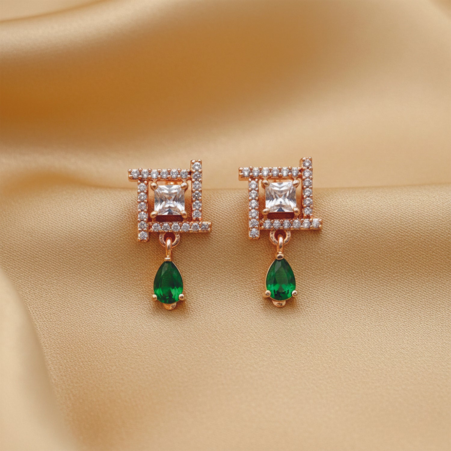 Celina- Green Drop Geometric Stud Earrings in Rose Gold Finish