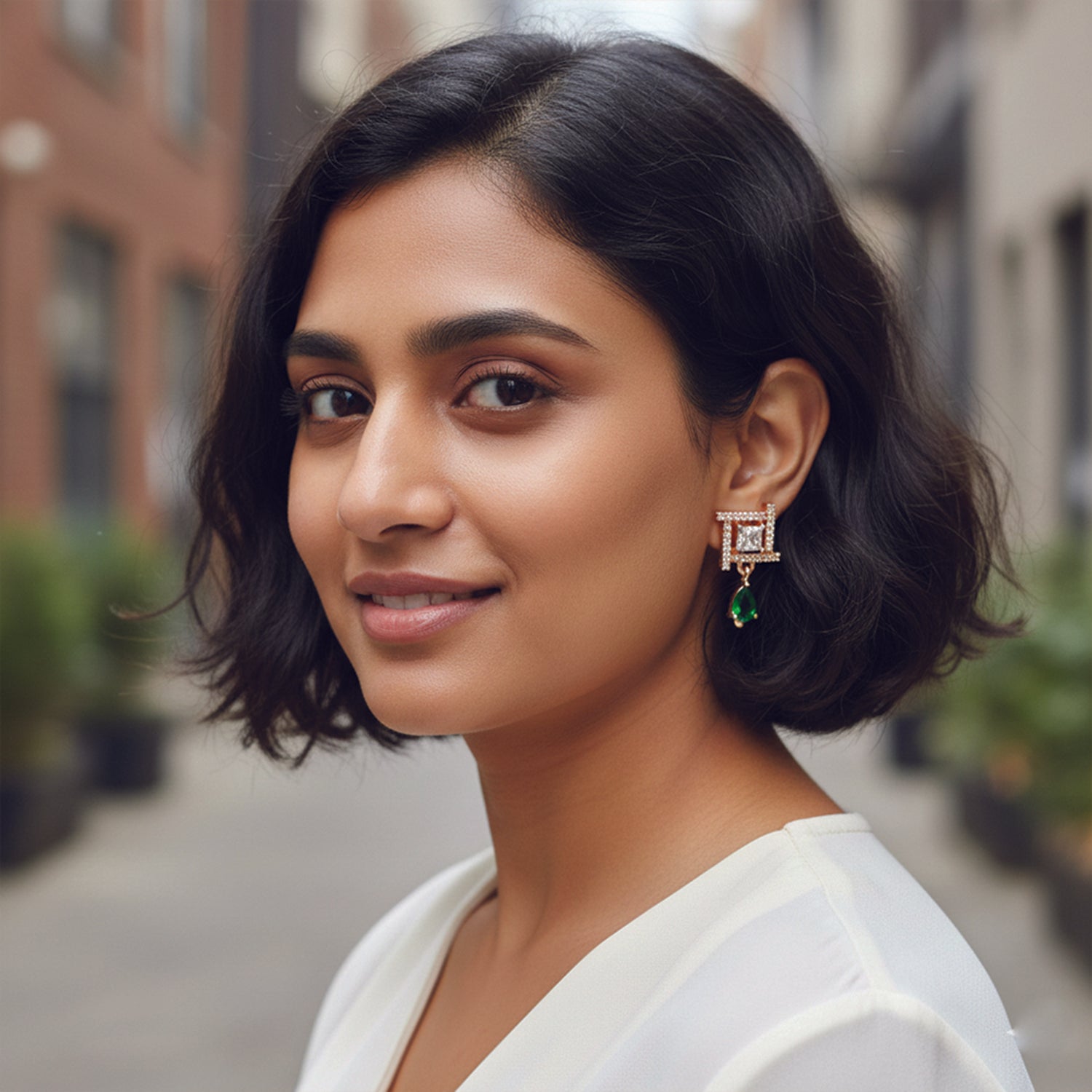 Celina- Green Drop Geometric Stud Earrings in Rose Gold Finish