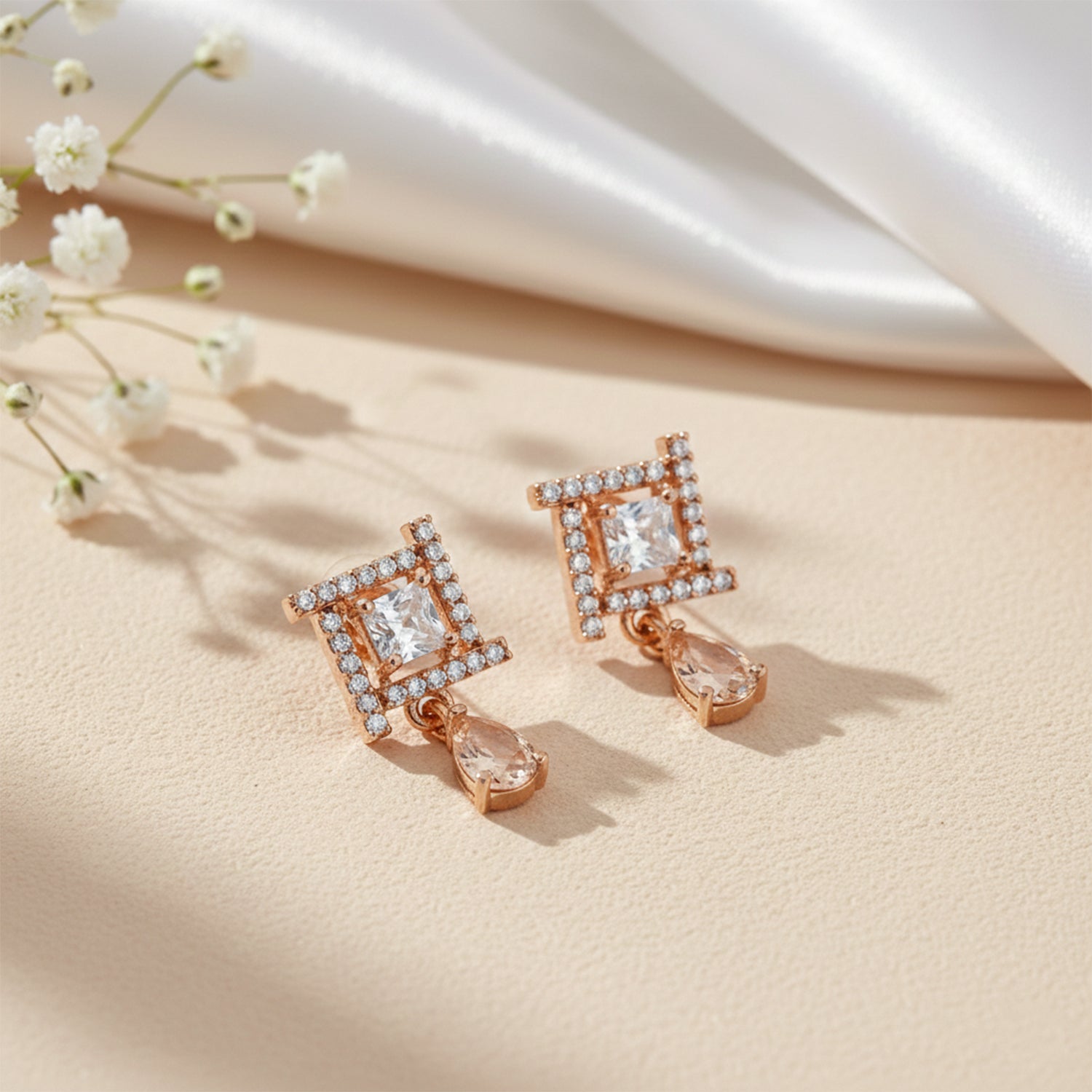 Celina- Dark Pink Drop Geometric Stud Earrings in Rose Gold Finish