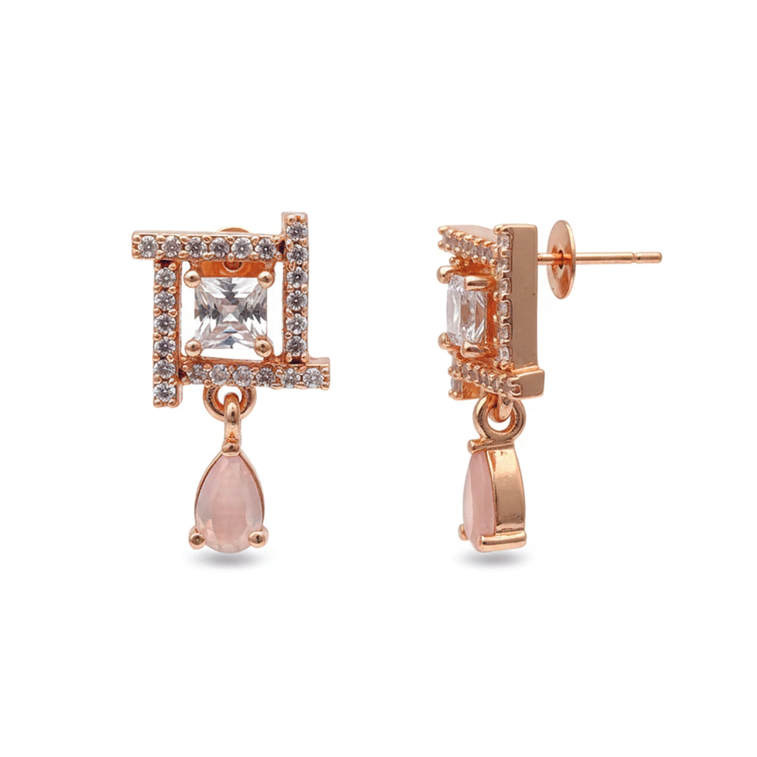 Celina- Dark Pink Drop Geometric Stud Earrings in Rose Gold Finish