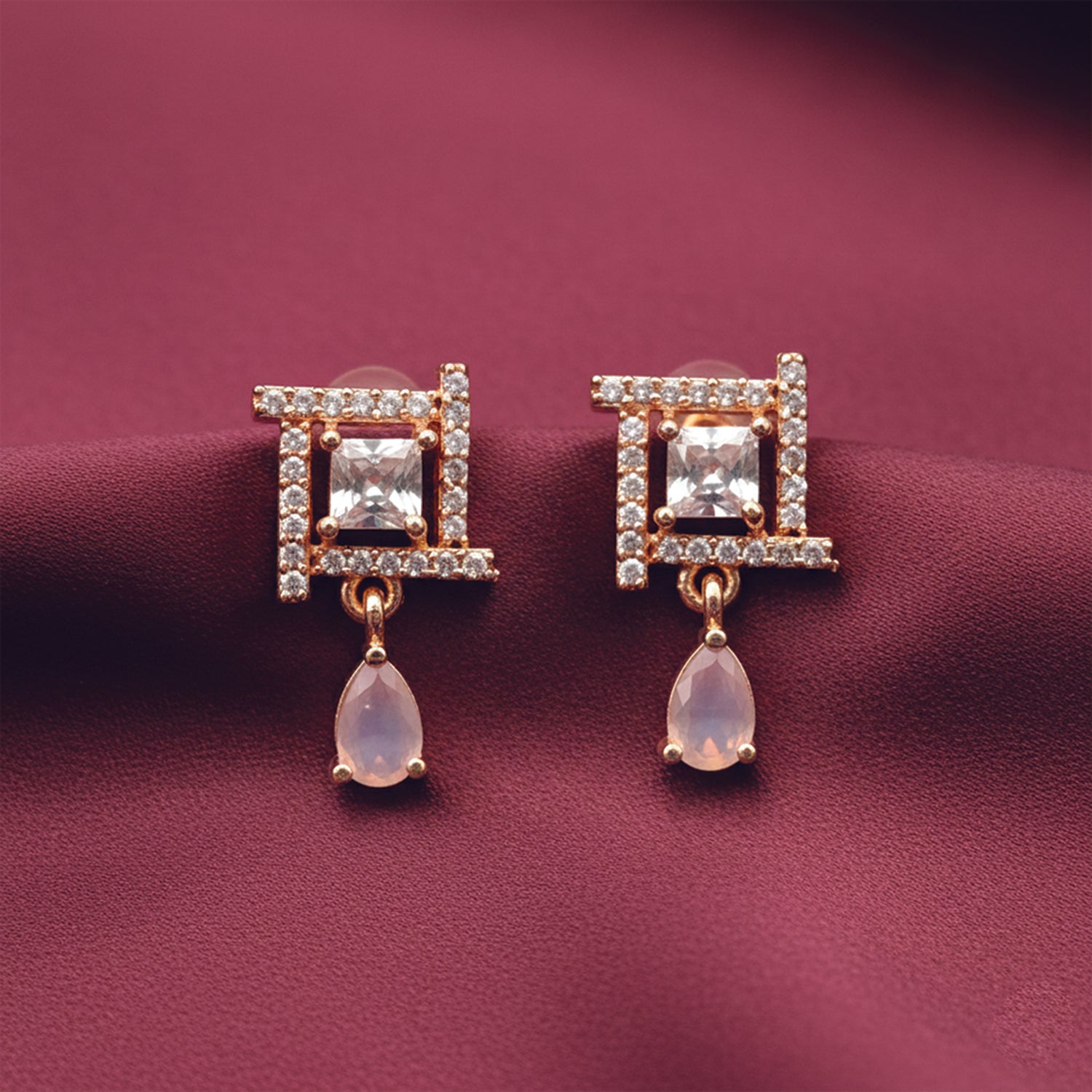 Celina- Dark Pink Drop Geometric Stud Earrings in Rose Gold Finish