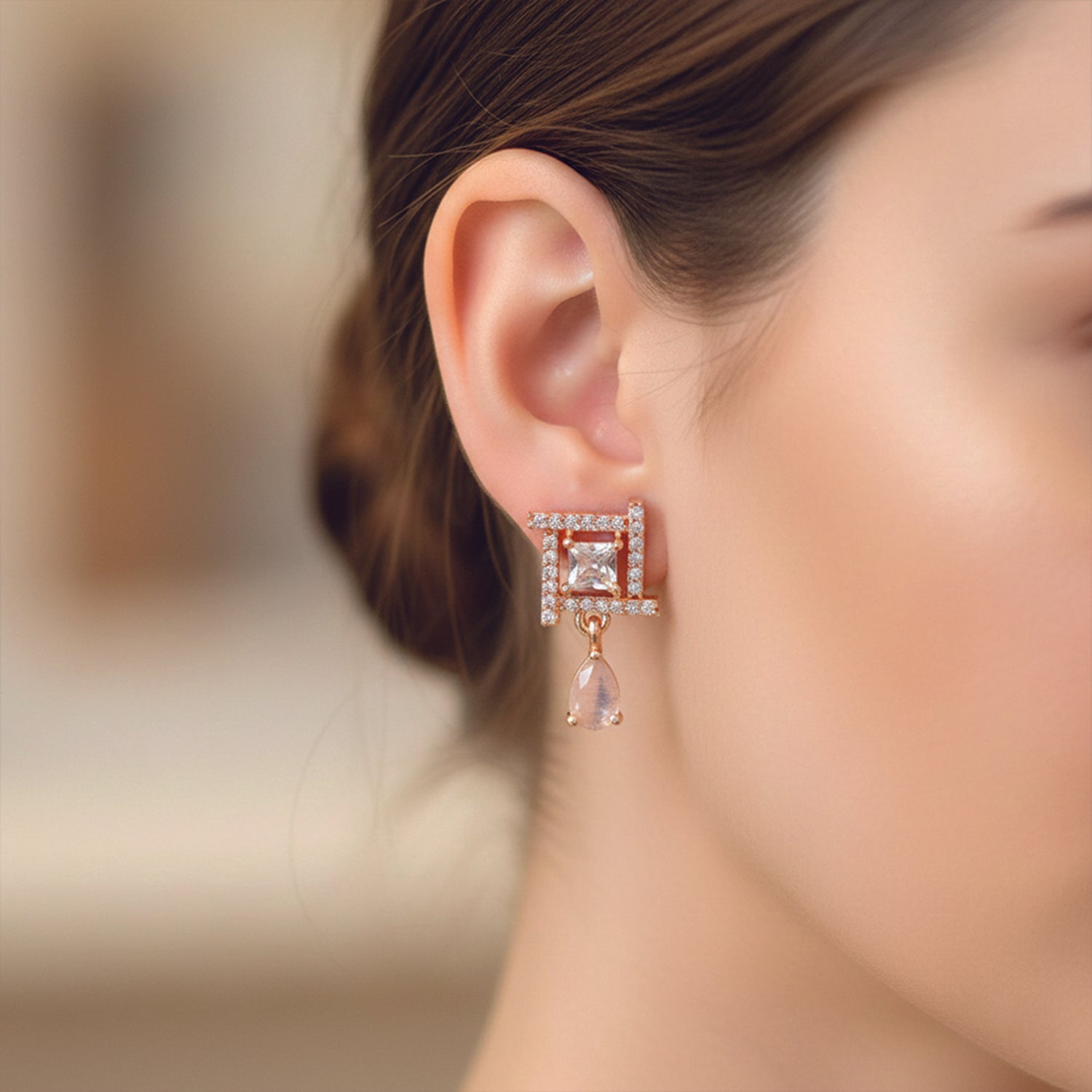 Celina- Dark Pink Drop Geometric Stud Earrings in Rose Gold Finish