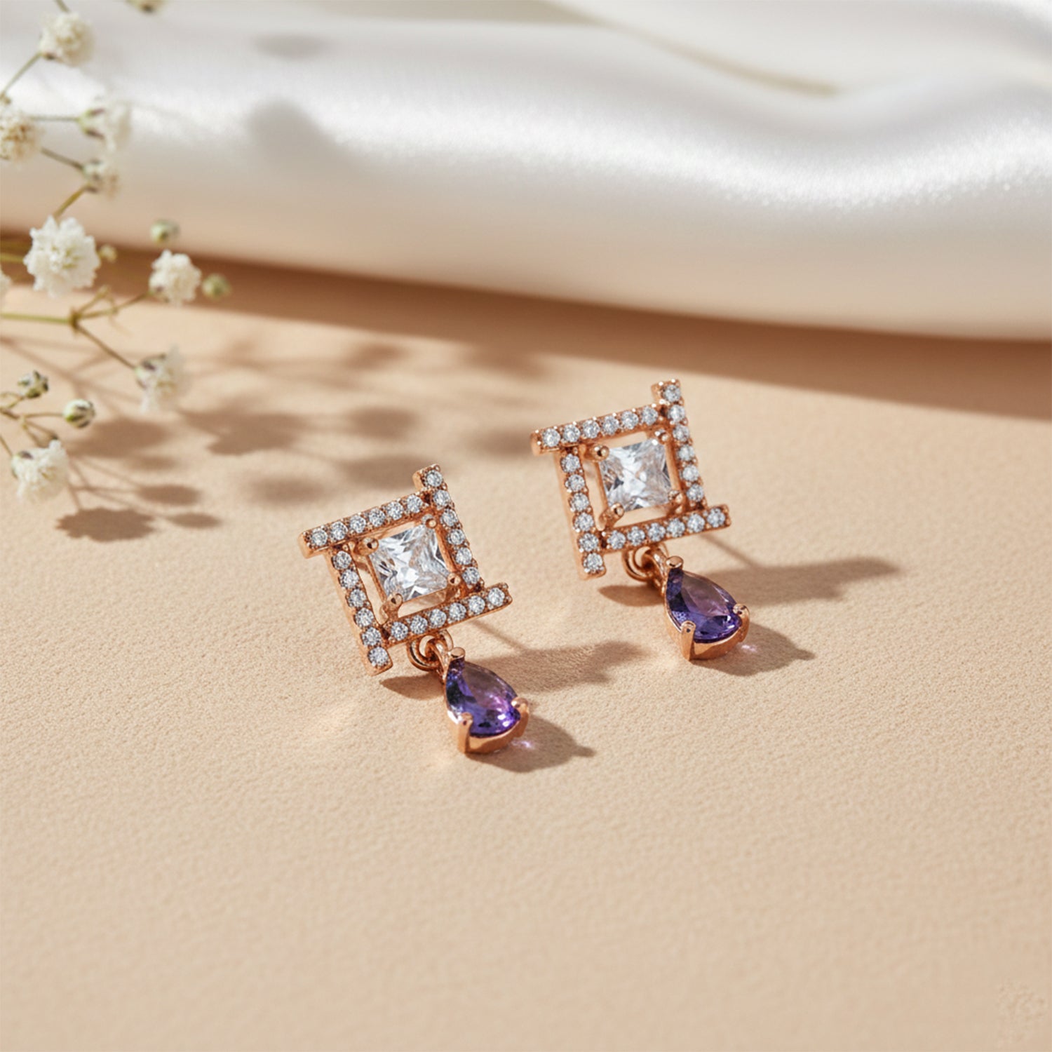 Celina- Purple Drop Geometric Stud Earrings in Rose Gold Finish