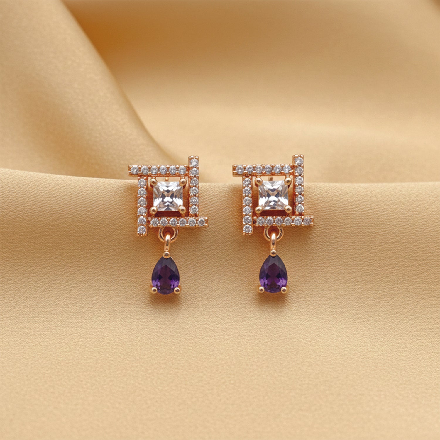 Celina- Purple Drop Geometric Stud Earrings in Rose Gold Finish