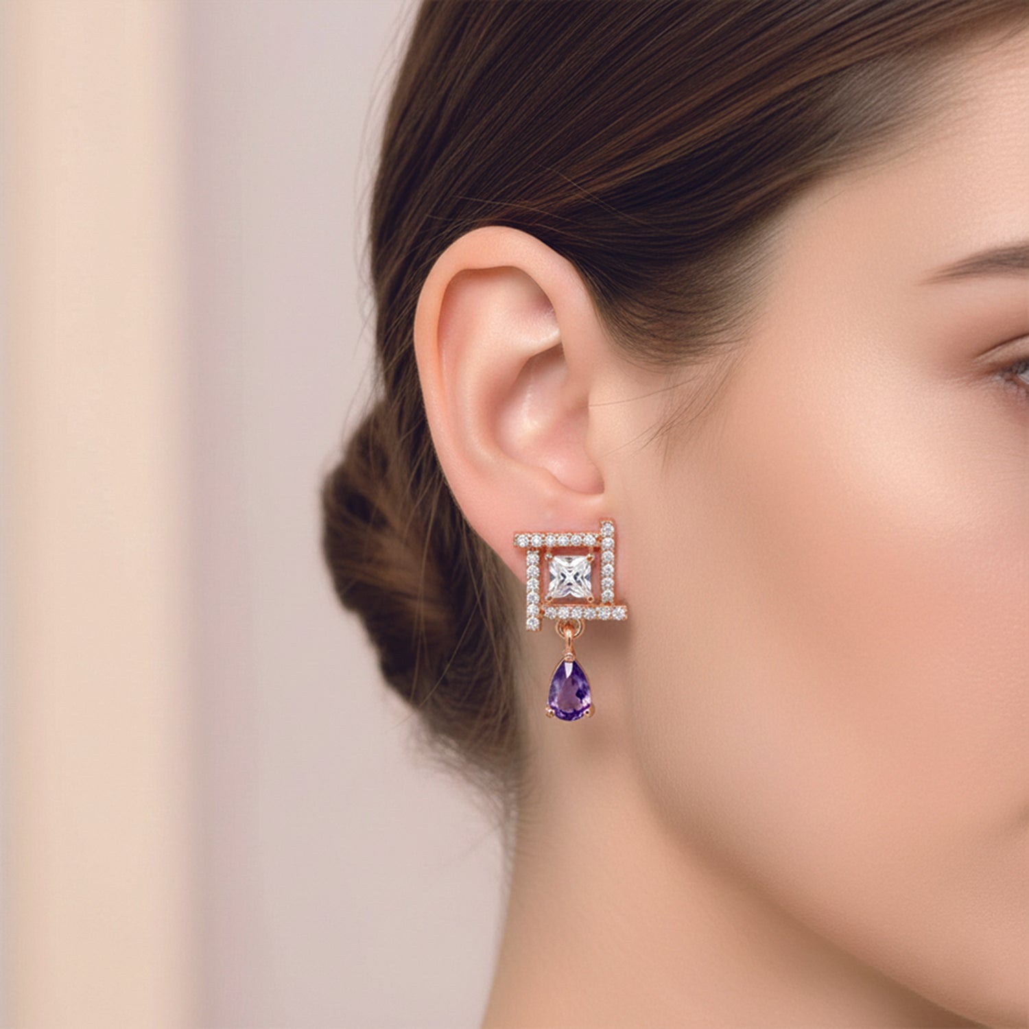 Celina- Purple Drop Geometric Stud Earrings in Rose Gold Finish