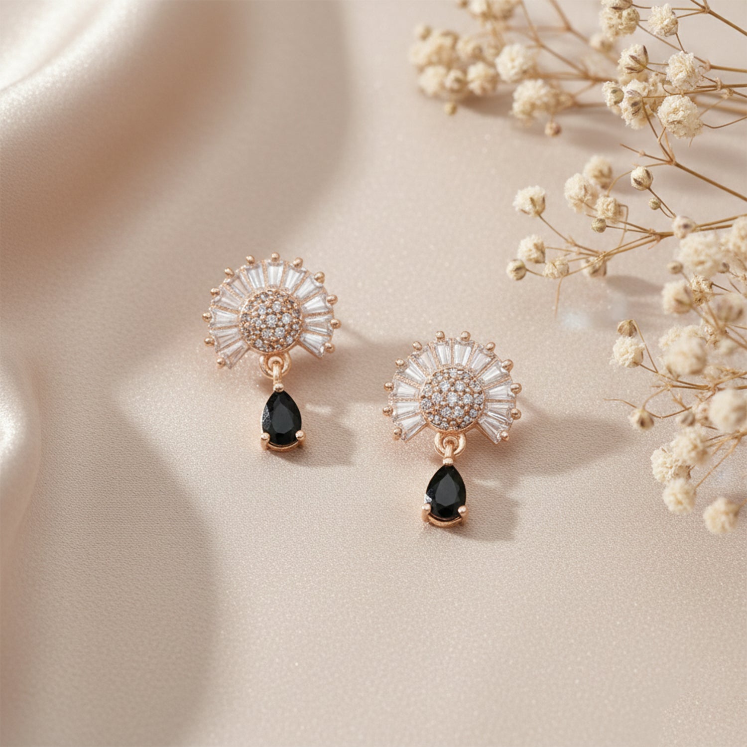 Marilyn- Black Teardrop Halo Stud Earrings in Rose Gold Finish