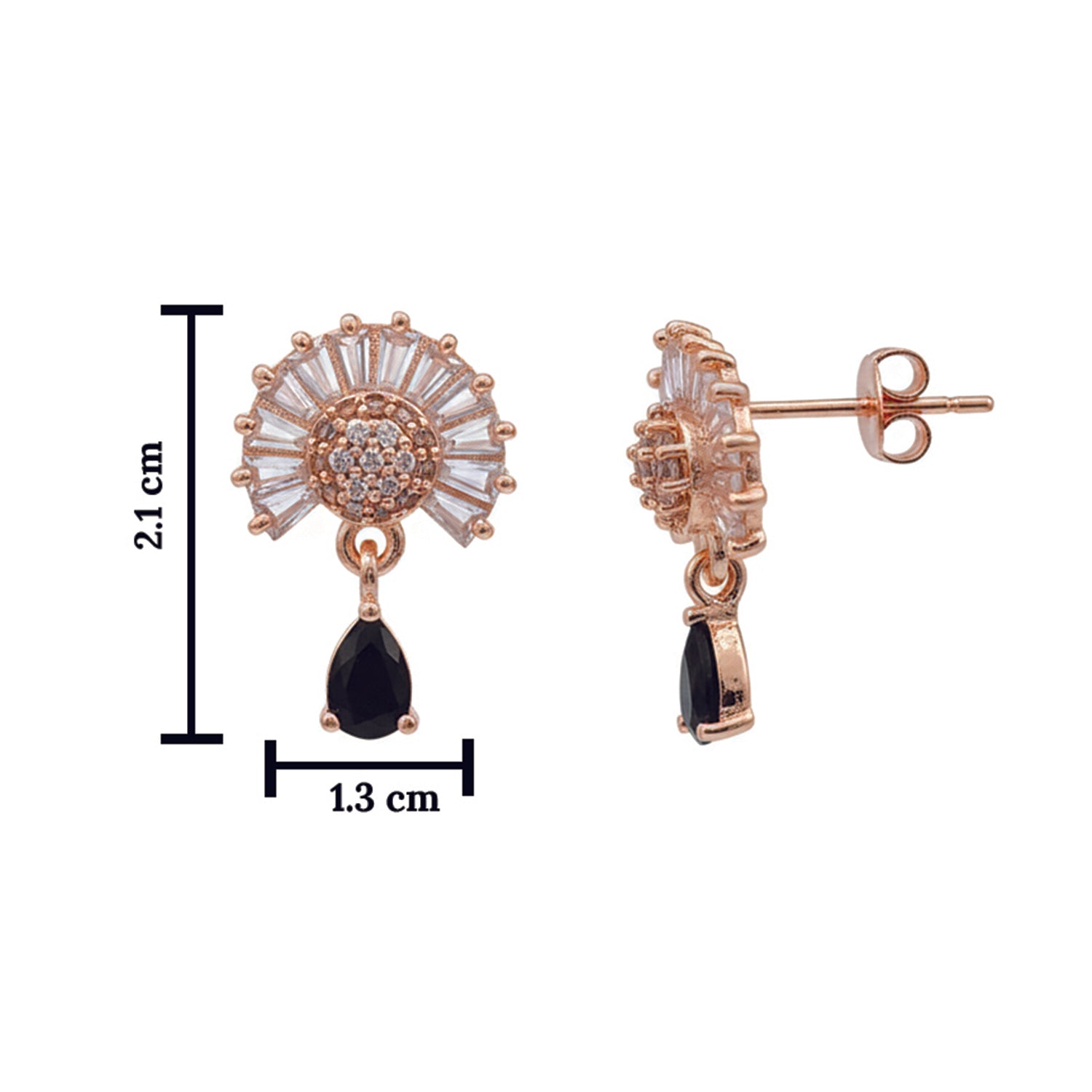 Marilyn- Black Teardrop Halo Stud Earrings in Rose Gold Finish