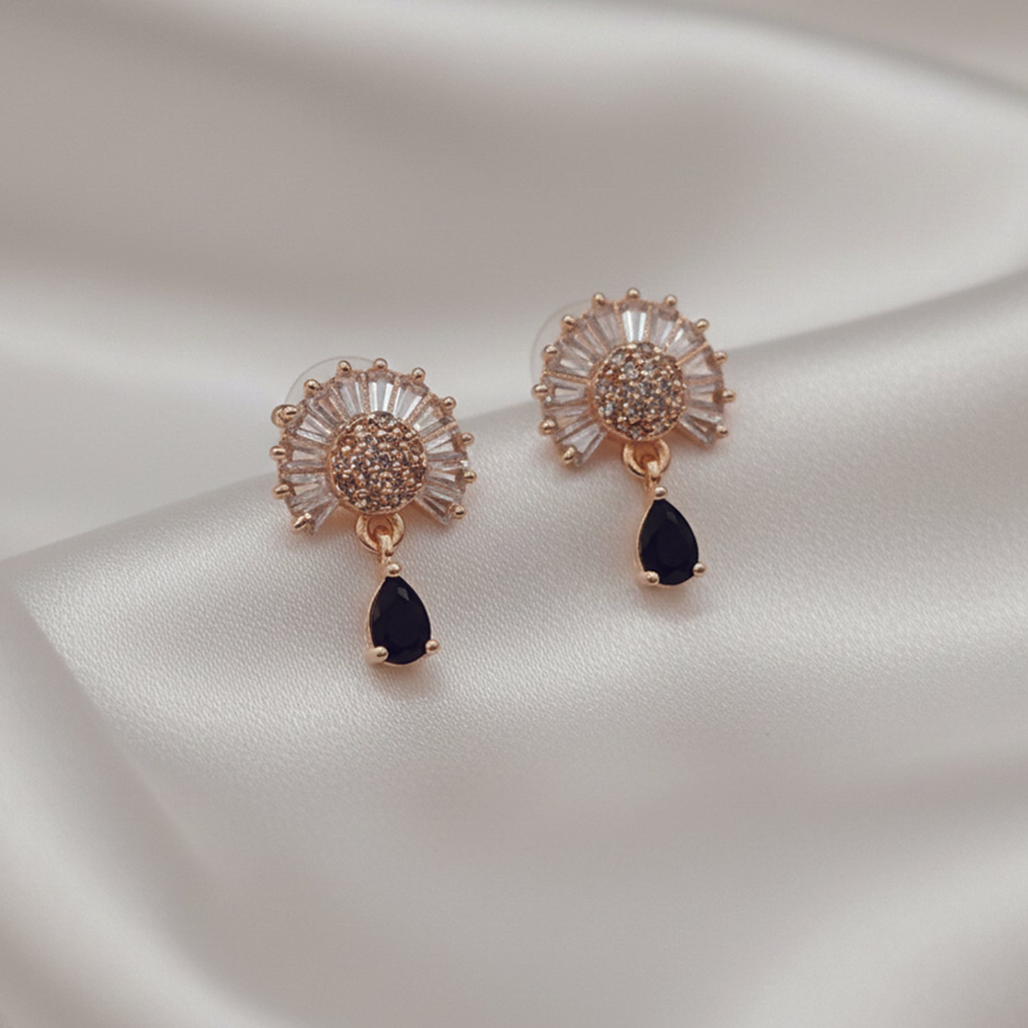 Marilyn- Black Teardrop Halo Stud Earrings in Rose Gold Finish