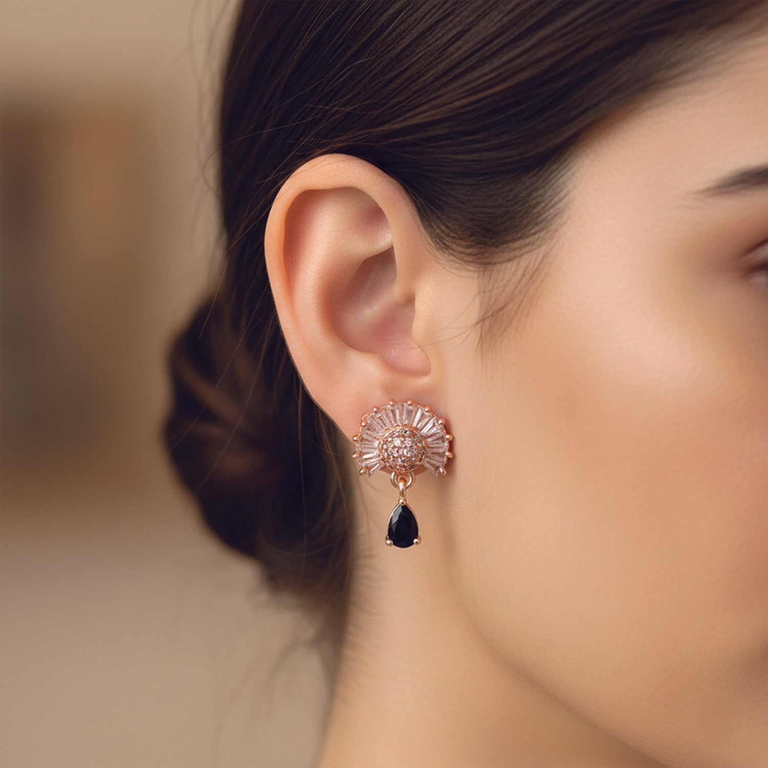 Marilyn- Black Teardrop Halo Stud Earrings in Rose Gold Finish