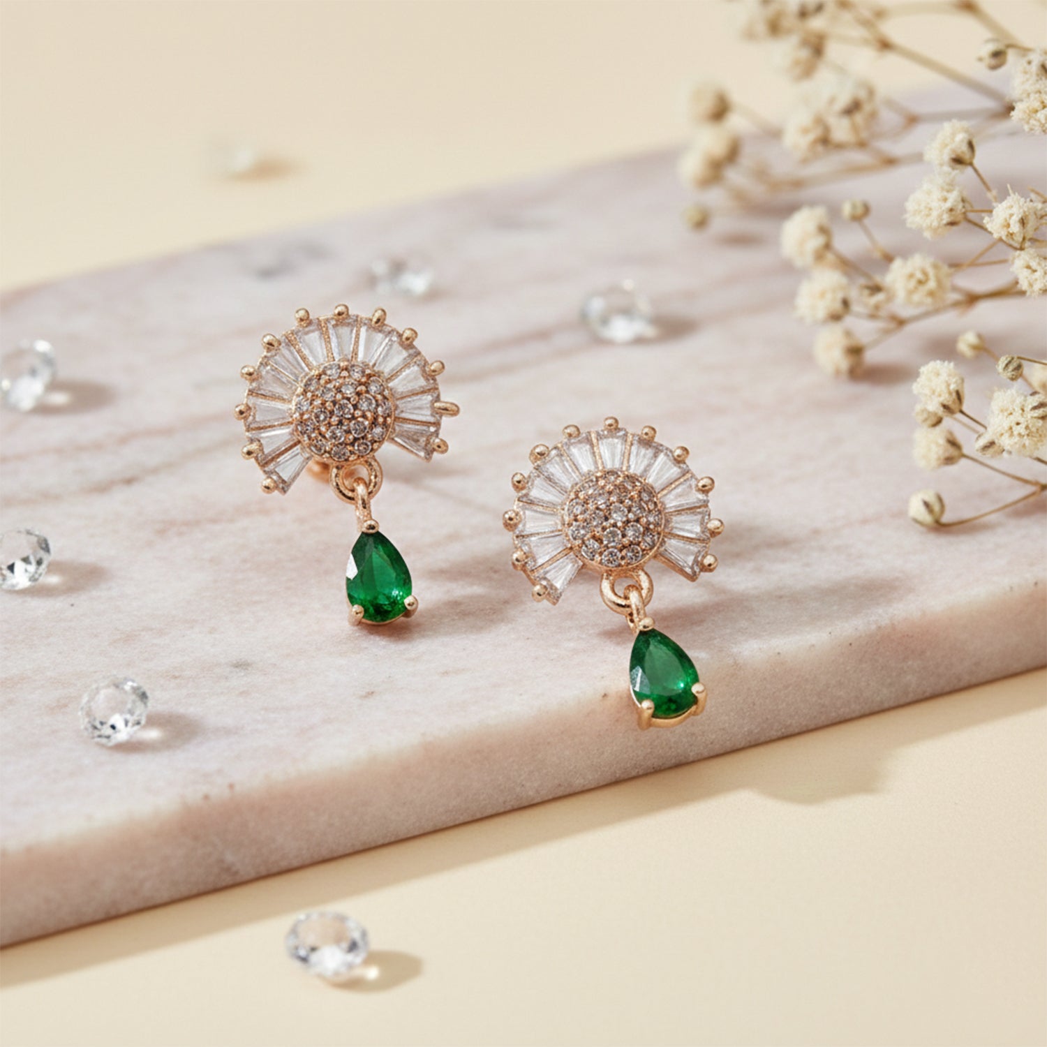 Marilyn- Green Teardrop Halo Stud Earrings in Rose Gold Finish