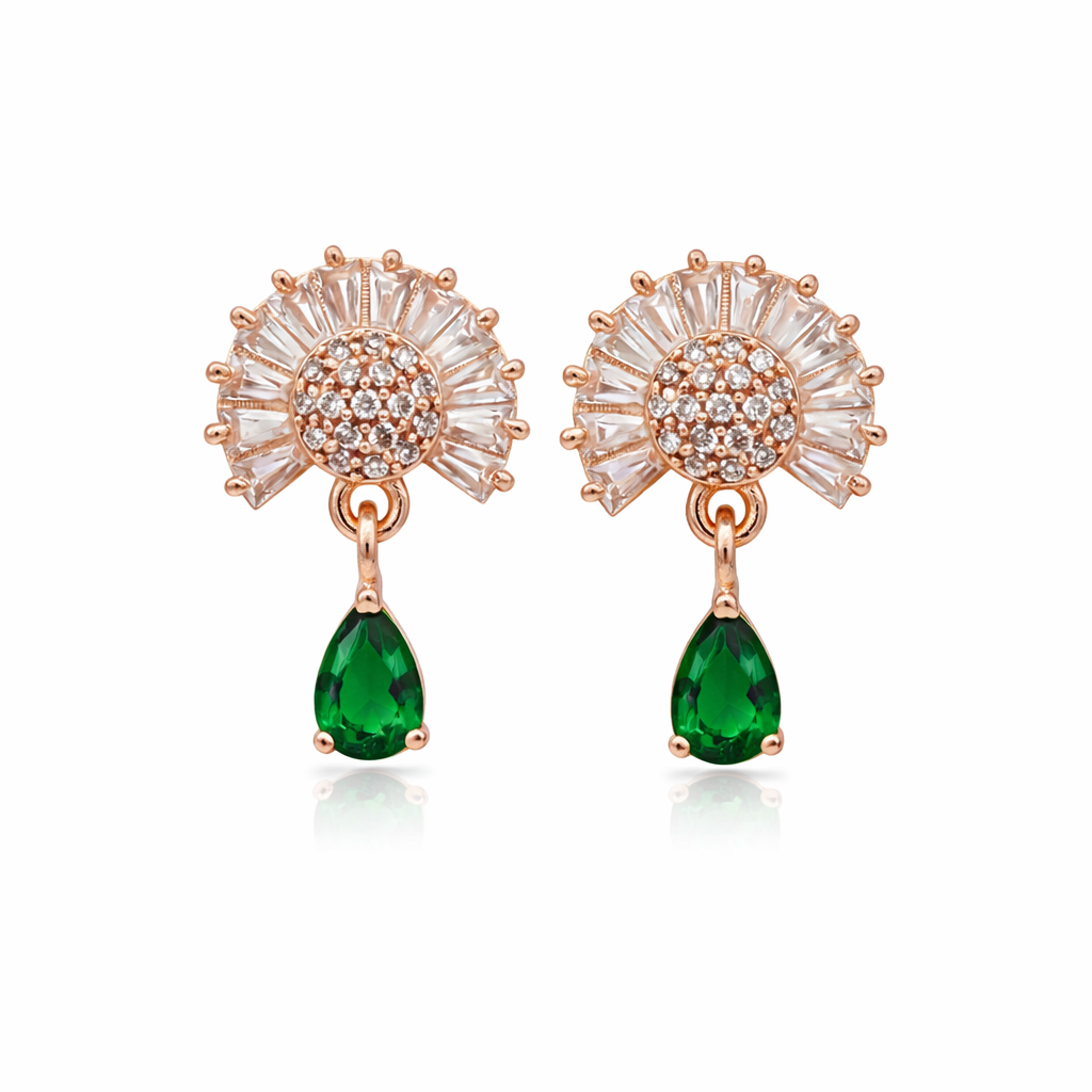 Marilyn- Green Teardrop Halo Stud Earrings in Rose Gold Finish