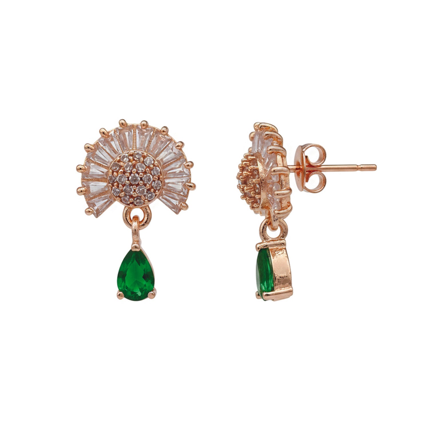 Marilyn- Green Teardrop Halo Stud Earrings in Rose Gold Finish