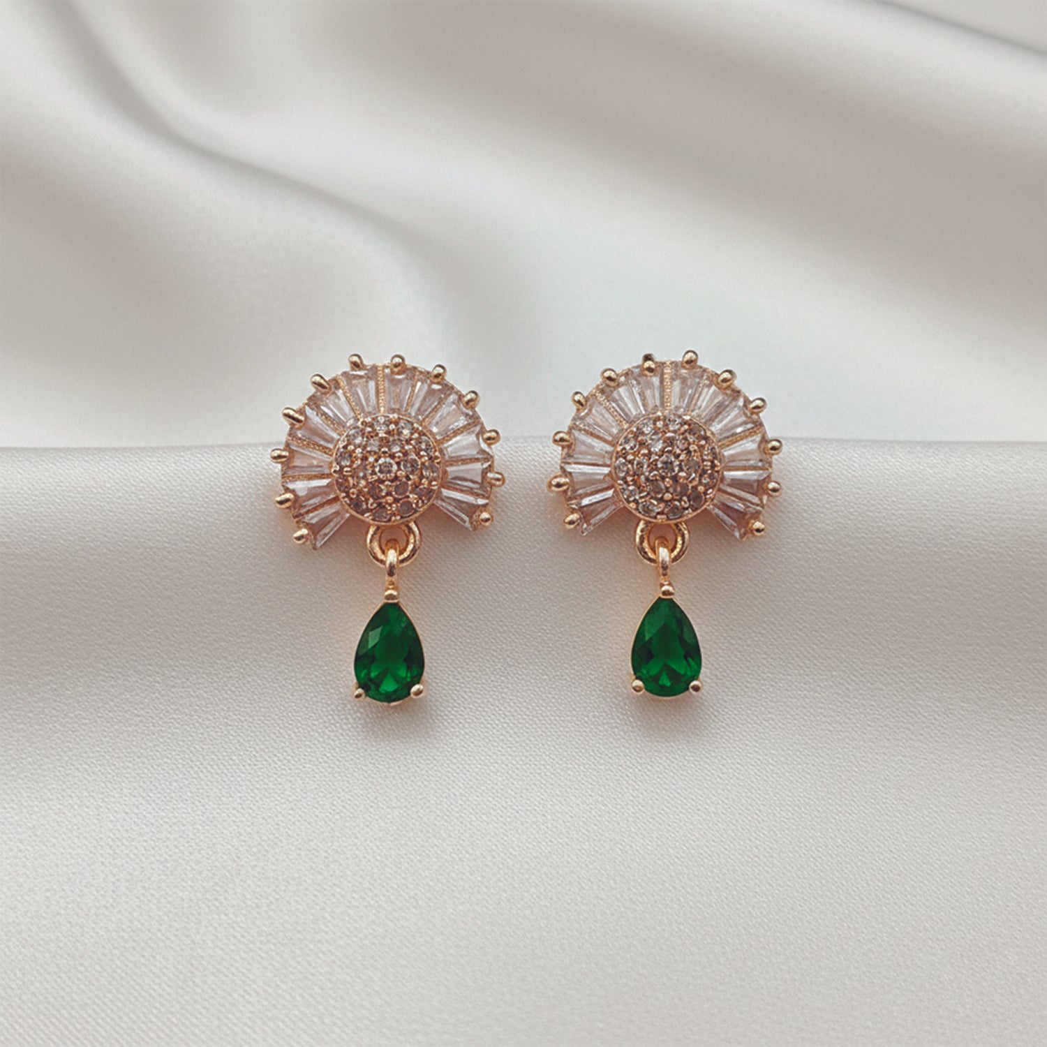 Marilyn- Green Teardrop Halo Stud Earrings in Rose Gold Finish