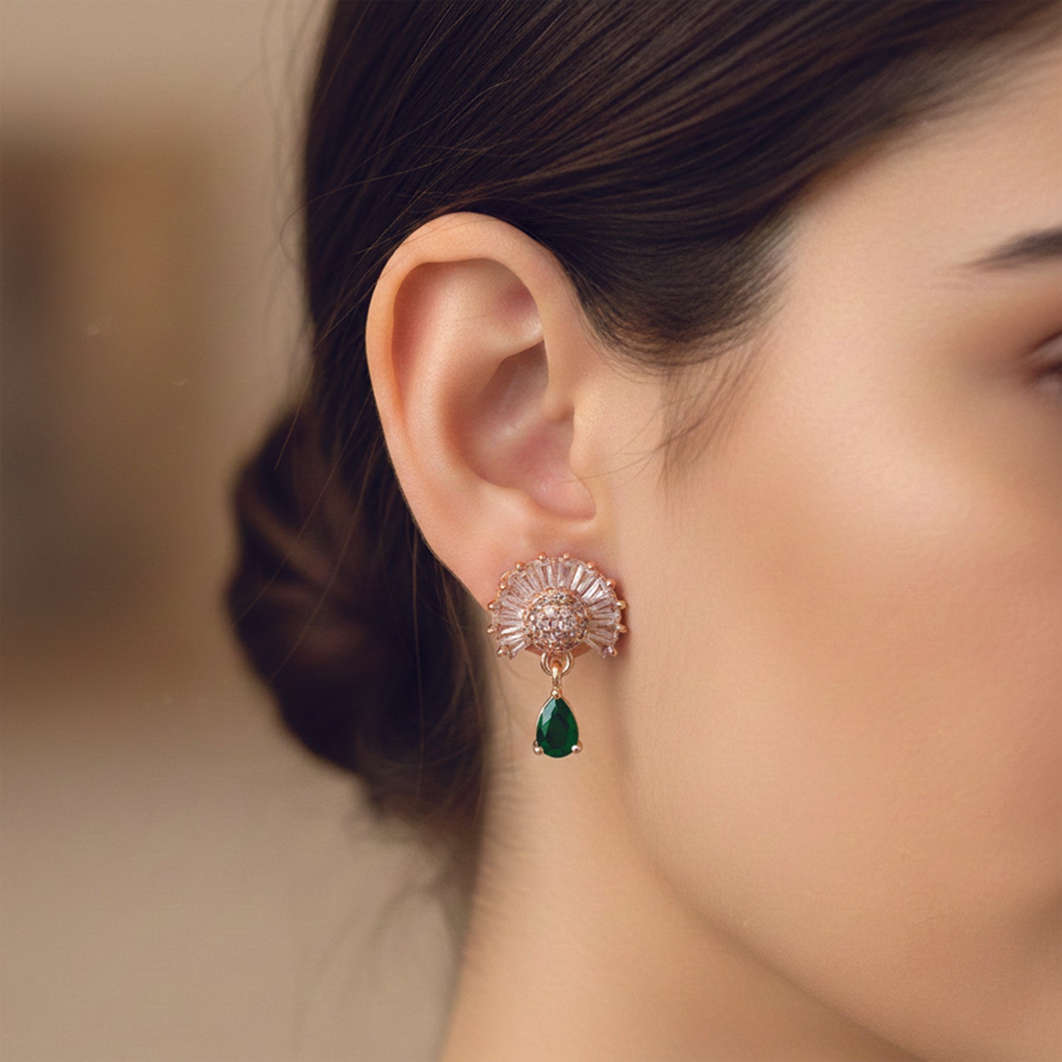 Marilyn- Green Teardrop Halo Stud Earrings in Rose Gold Finish