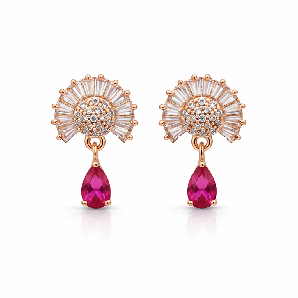 Marilyn- DarkPinkTeardrop Halo Stud Earrings in Rose Gold Finish