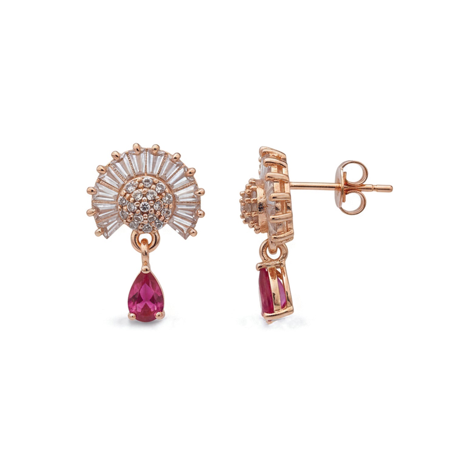 Marilyn- DarkPinkTeardrop Halo Stud Earrings in Rose Gold Finish