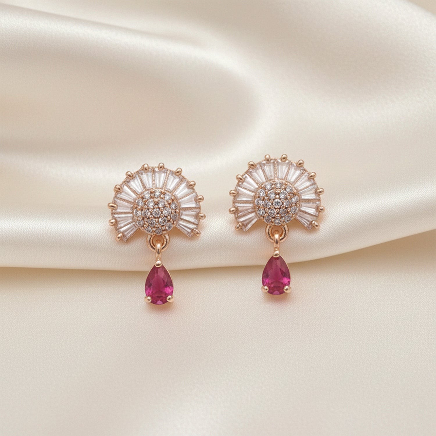 Marilyn- DarkPinkTeardrop Halo Stud Earrings in Rose Gold Finish