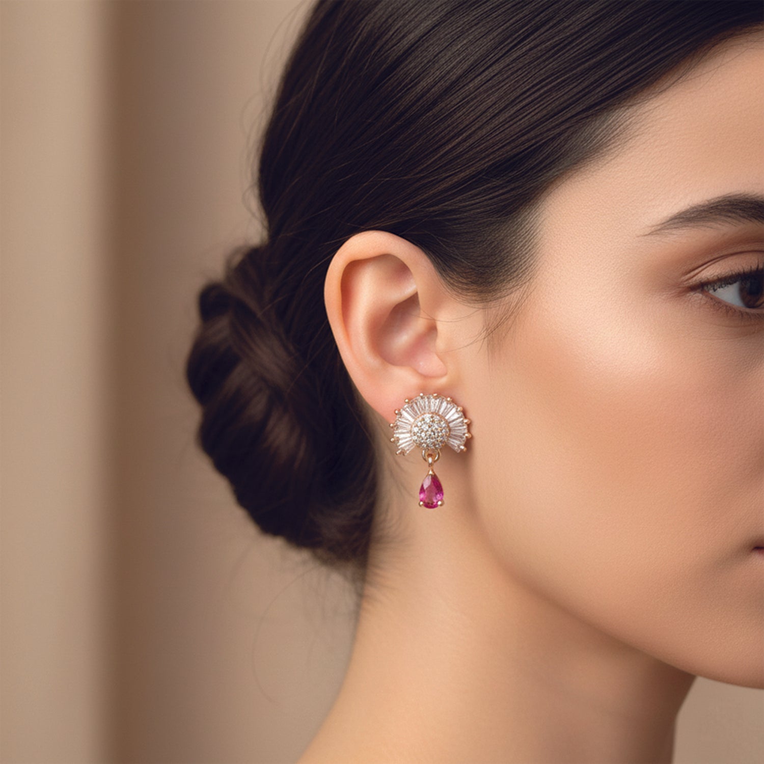 Marilyn- DarkPinkTeardrop Halo Stud Earrings in Rose Gold Finish