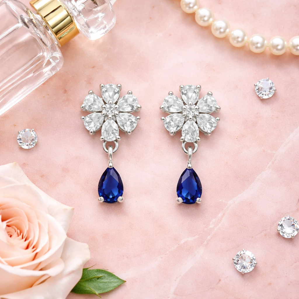 Elara- Blue Teardrop Floral Stud Earrings in Silver Finish