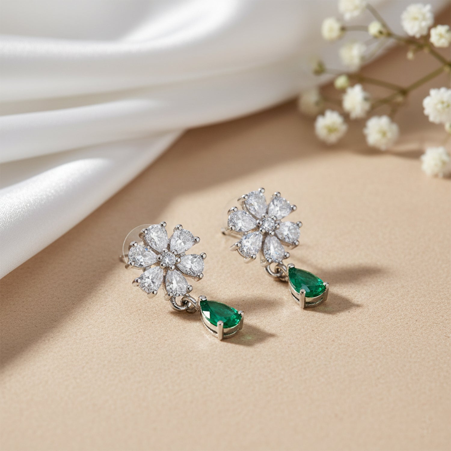 Elara- GreenTeardrop Floral Stud Earrings in Silver Finish