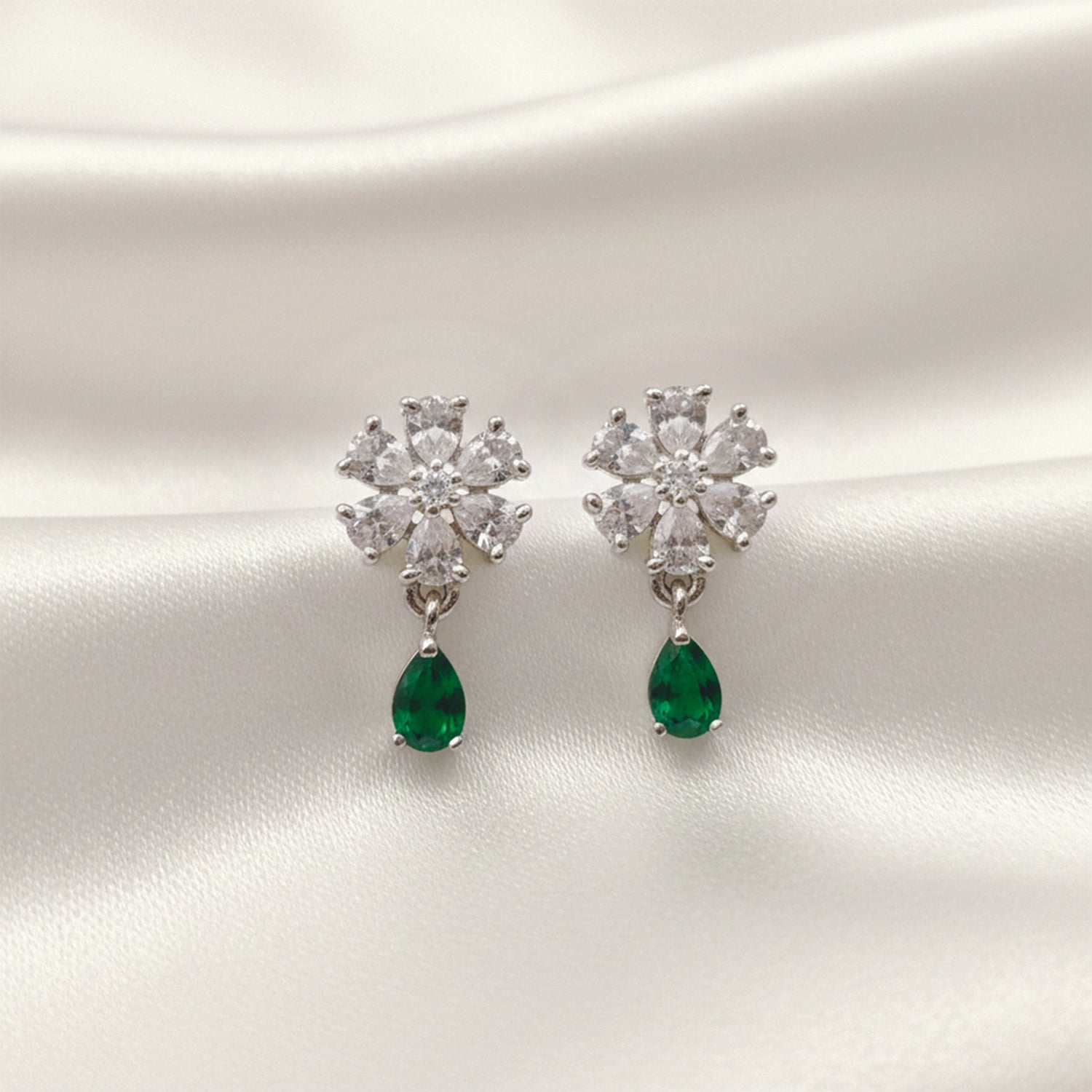 Elara- GreenTeardrop Floral Stud Earrings in Silver Finish