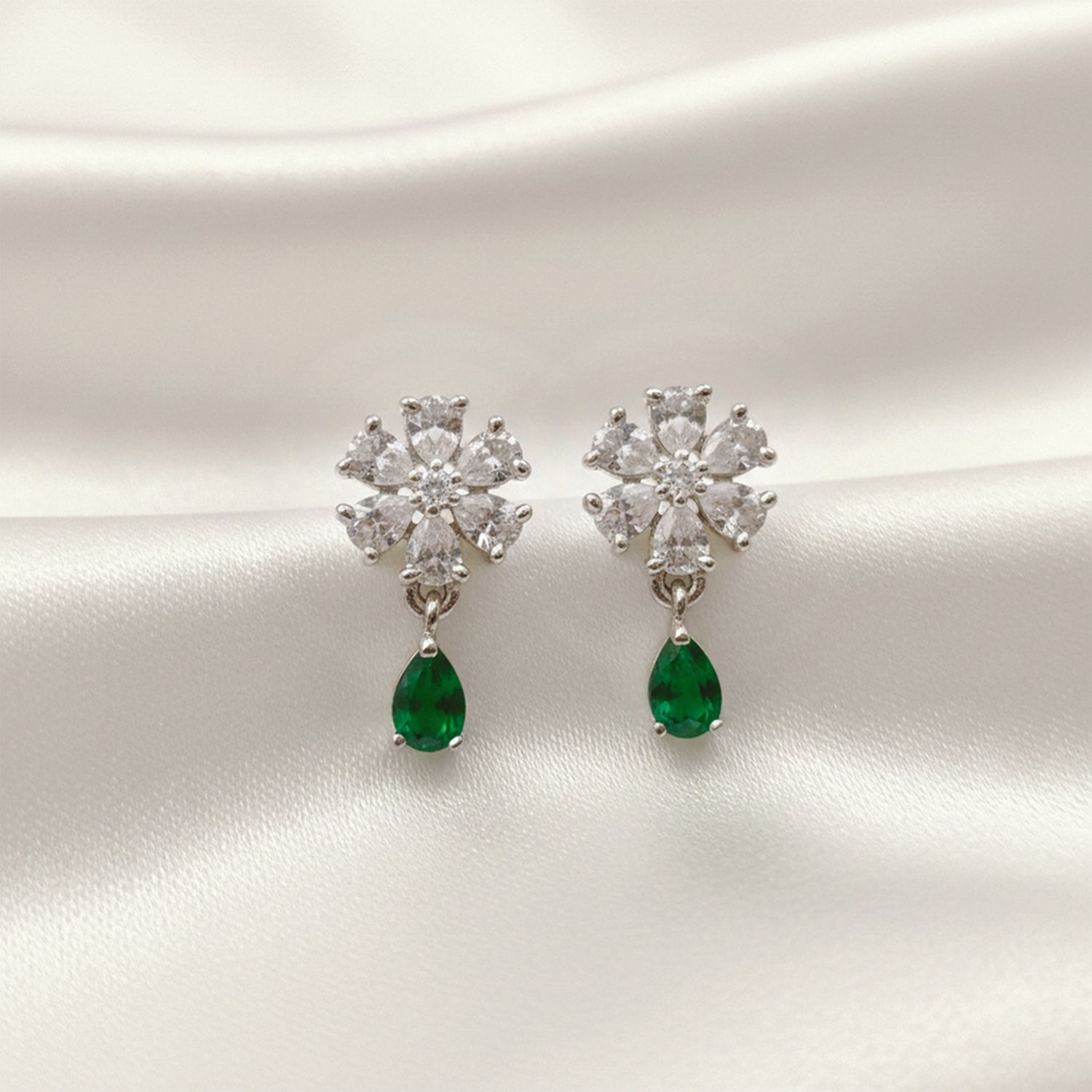 Elara- GreenTeardrop Floral Studs