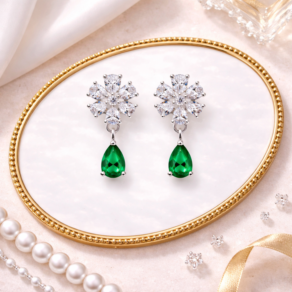 Elara- GreenTeardrop Floral Stud Earrings in Silver Finish