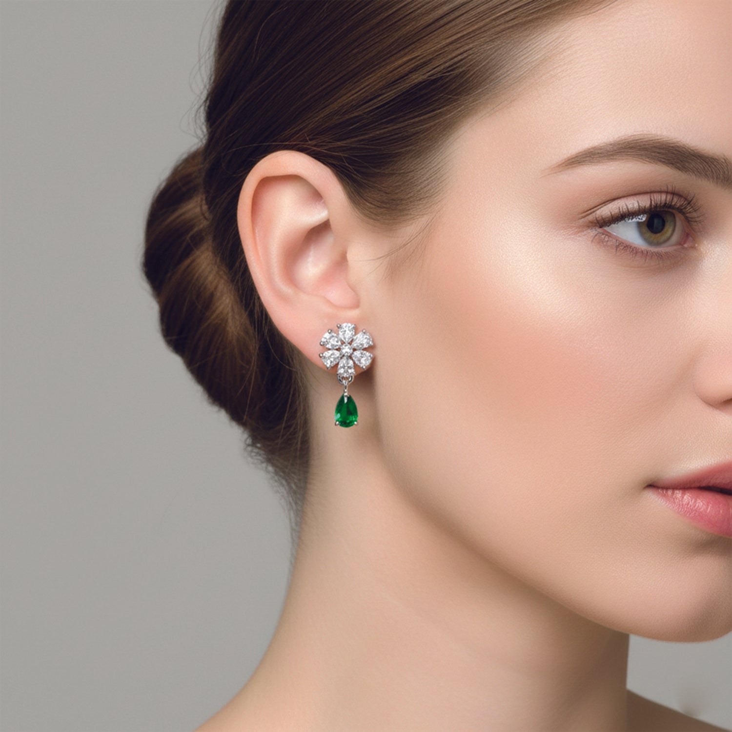 Elara- GreenTeardrop Floral Stud Earrings in Silver Finish