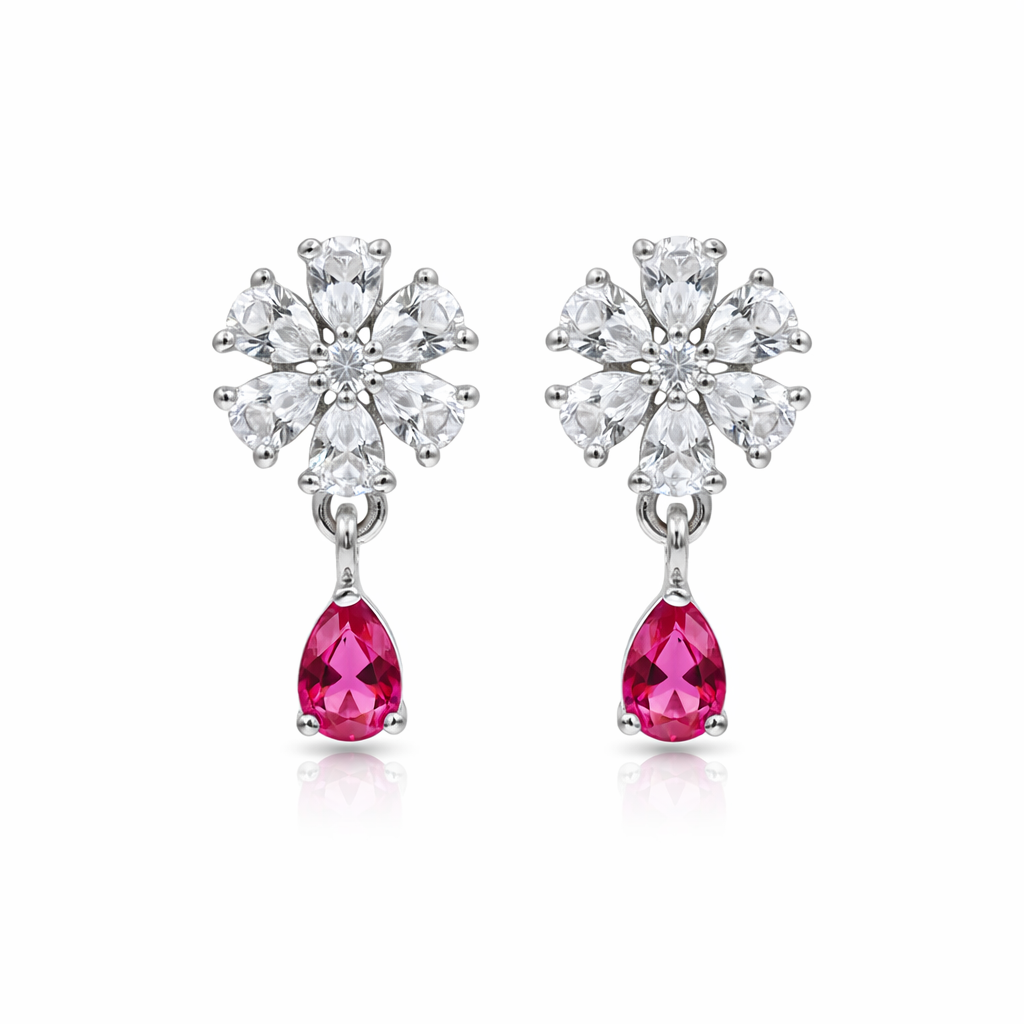 Elara- Dark Pink Teardrop Floral Stud Earrings in Silver Finish