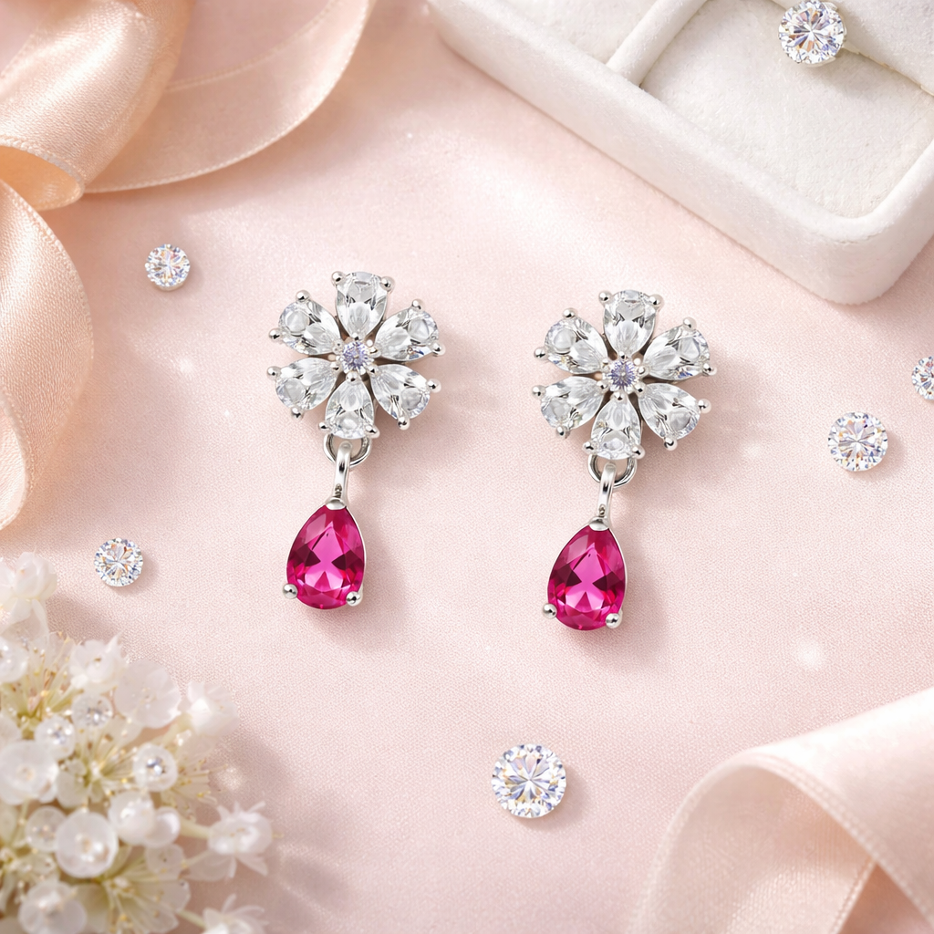 Elara- Dark Pink Teardrop Floral Stud Earrings in Silver Finish