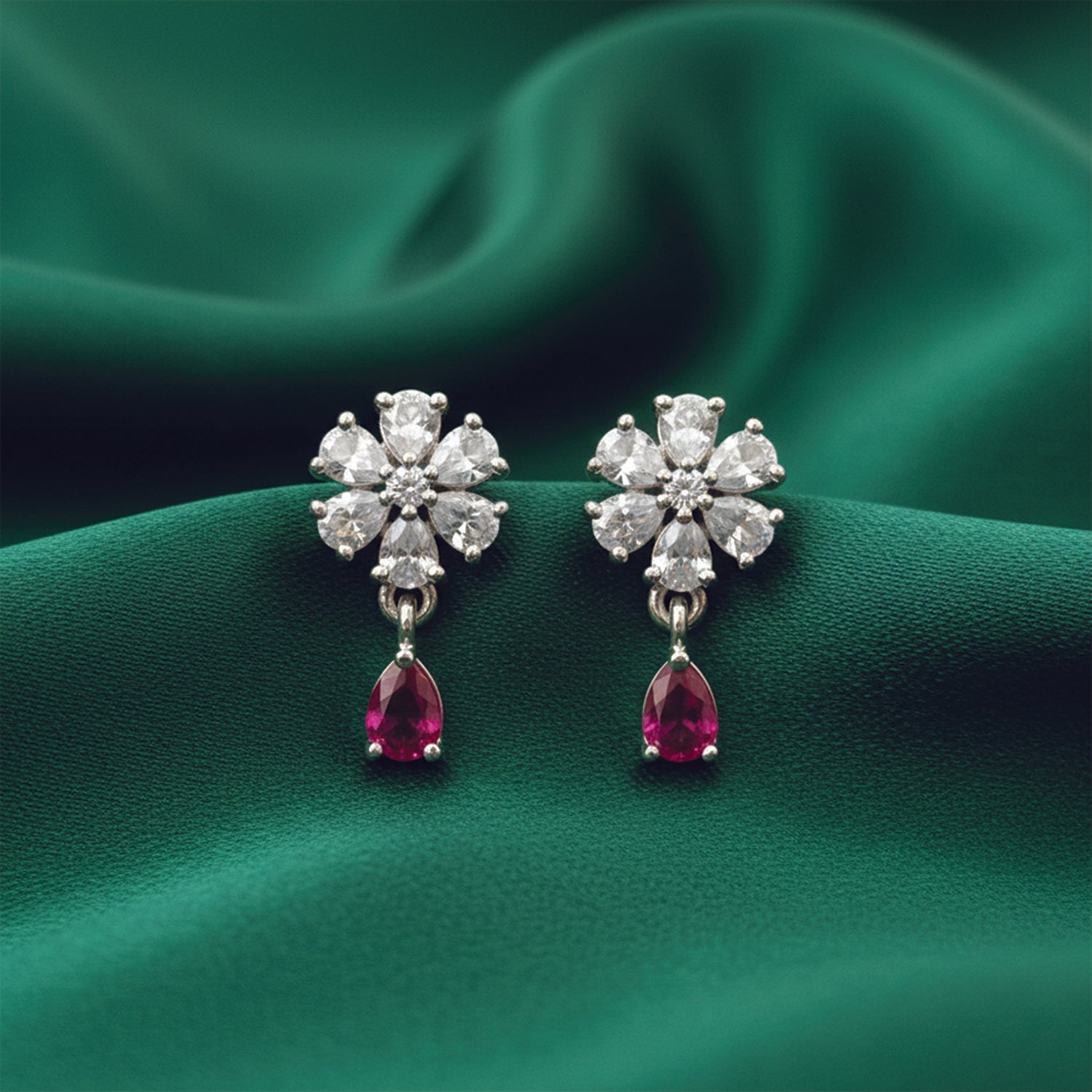 Elara- Dark Pink Teardrop Floral Stud Earrings in Silver Finish