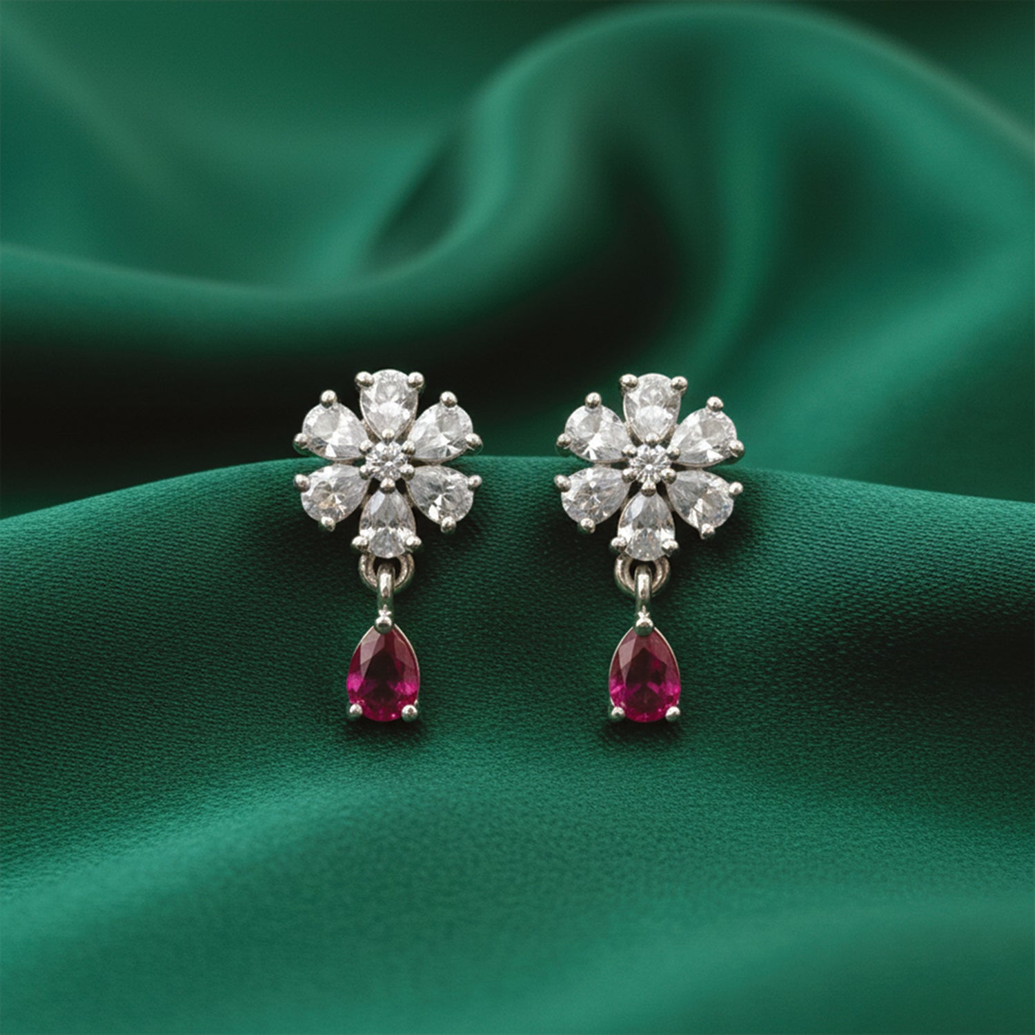 Elara- Dark Pink Teardrop Floral Studs