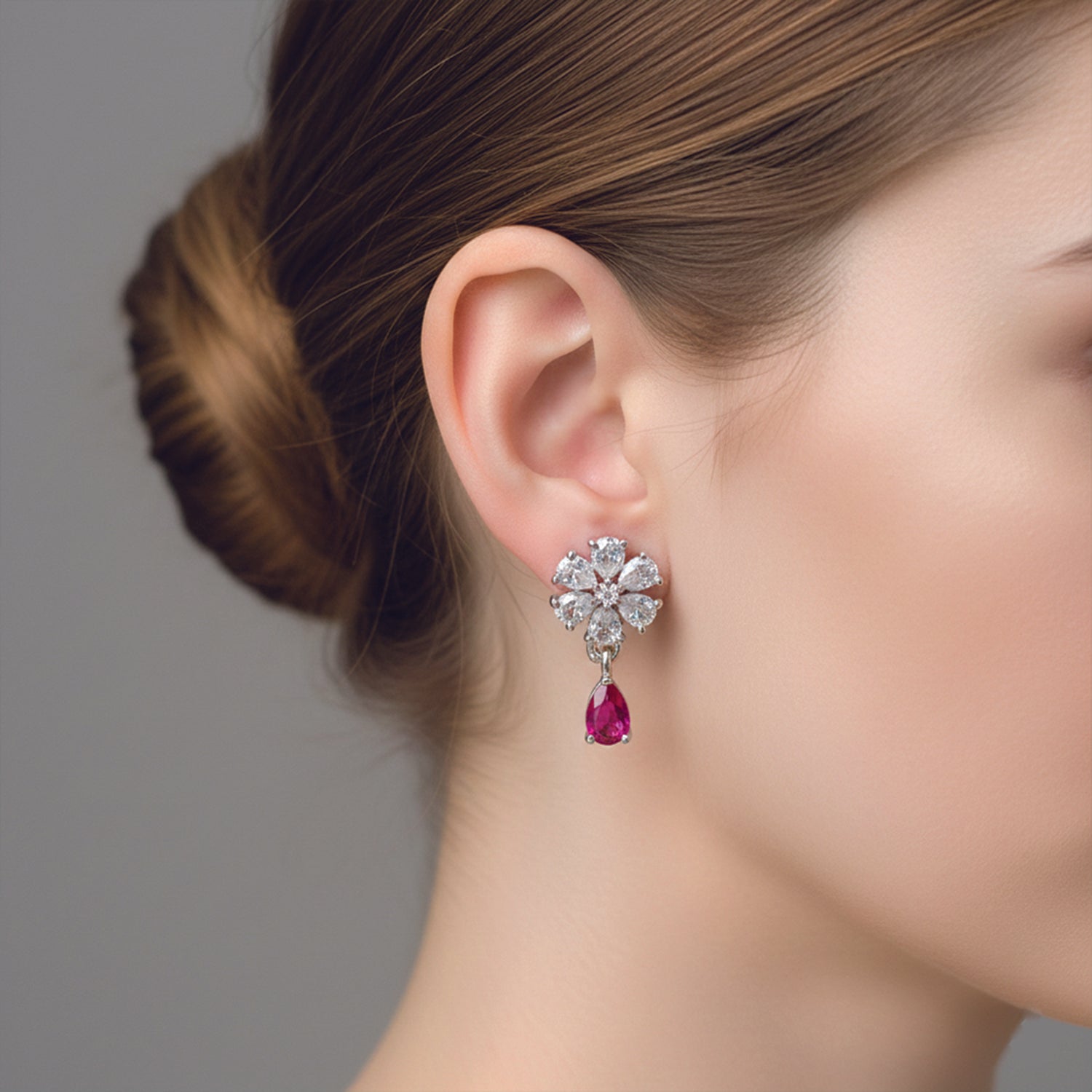 Elara- Dark Pink Teardrop Floral Stud Earrings in Silver Finish