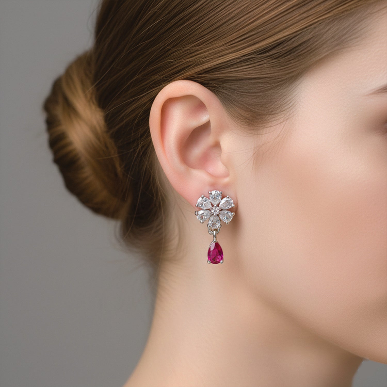 Elara- Dark Pink Teardrop Floral Studs