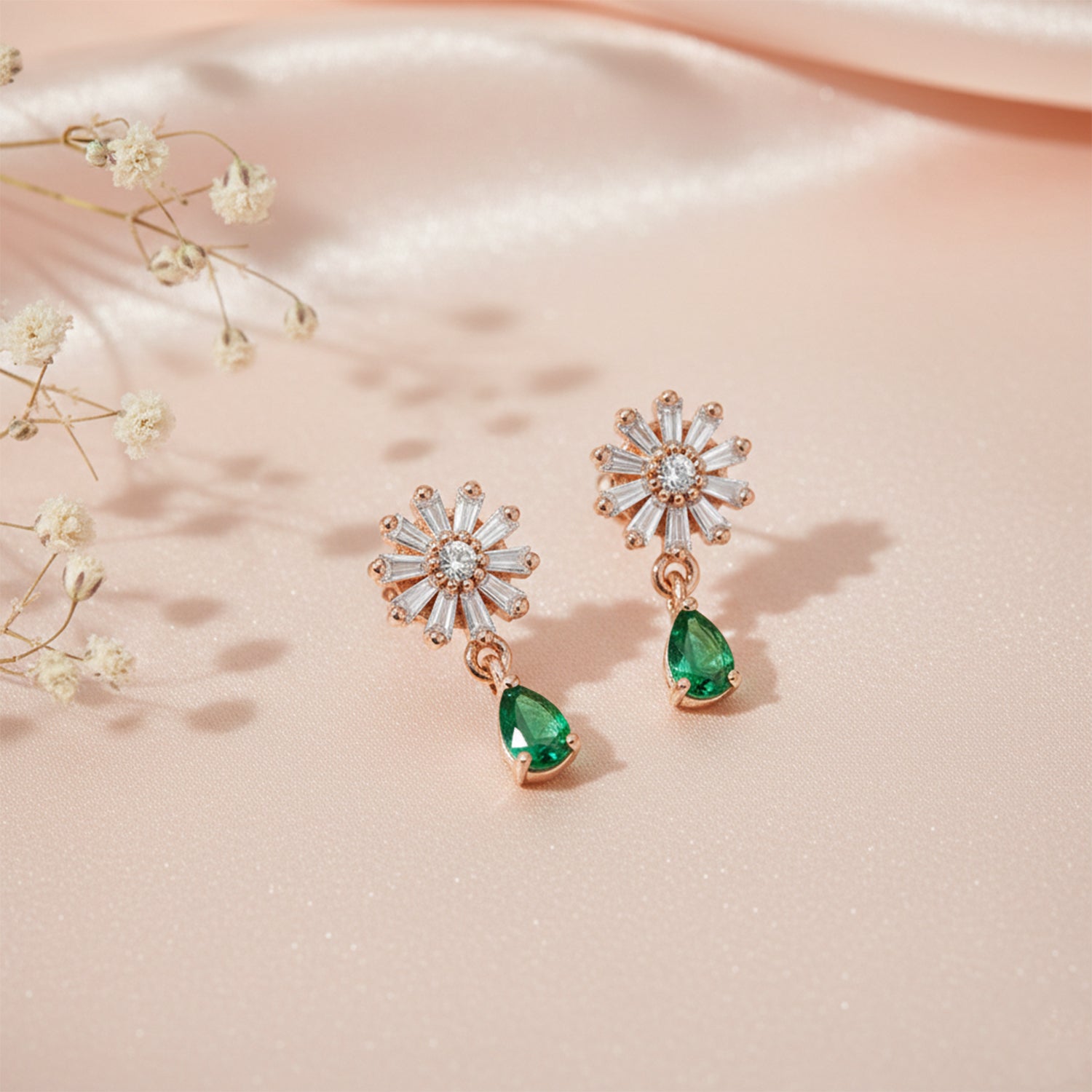 Victoria- Green Flower Drop Earrings