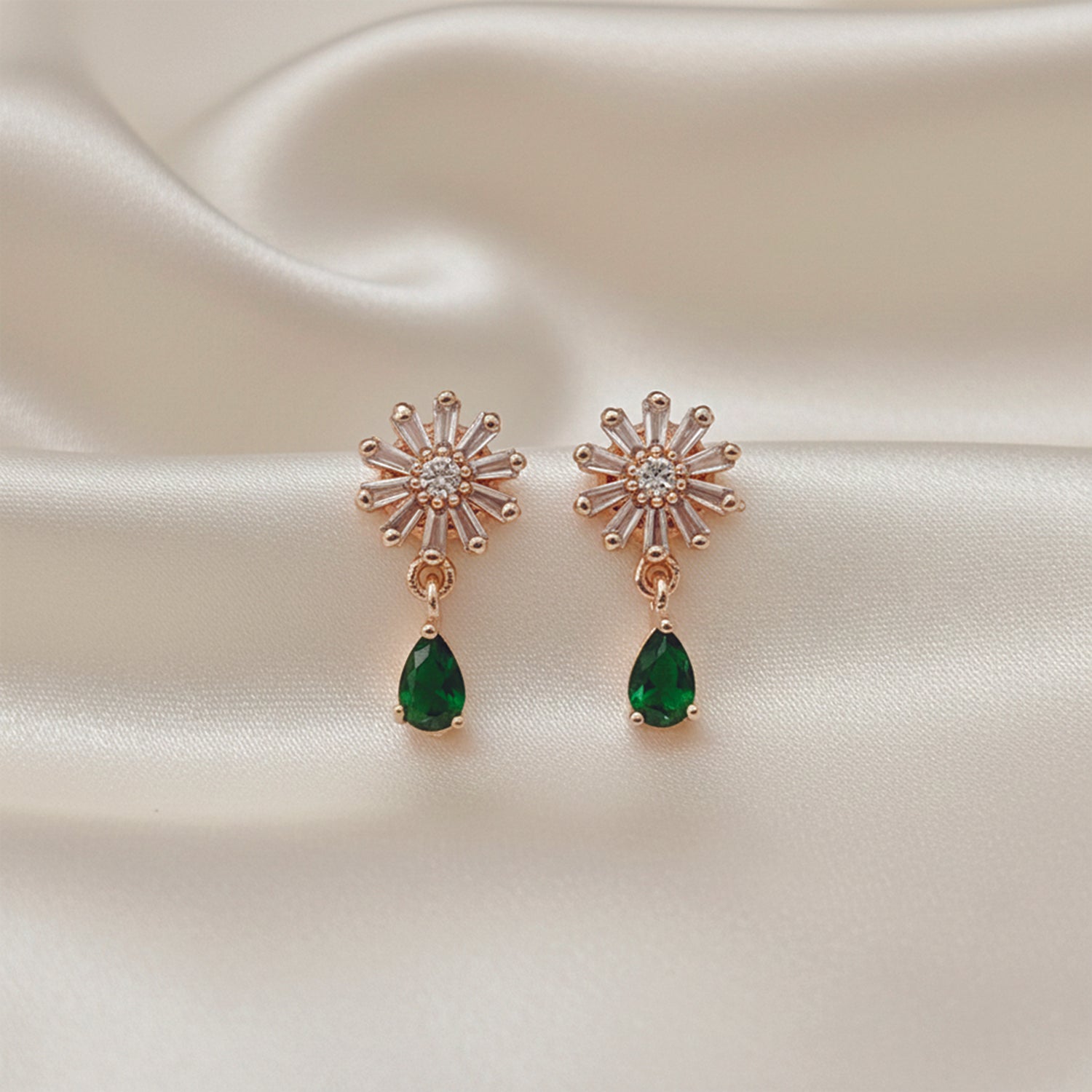 Victoria- Green Flower Drop Earrings