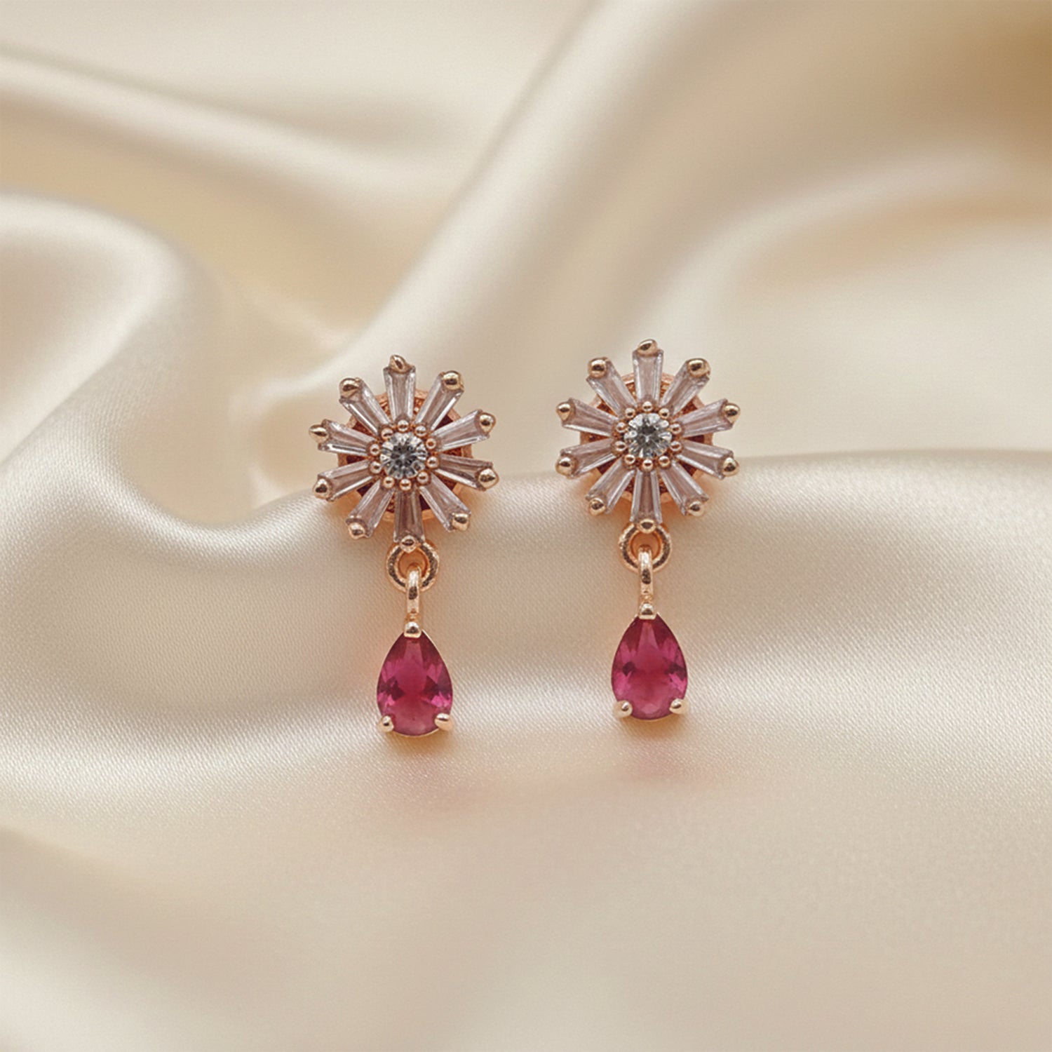 Victoria- Dark Pink Flower Drop Earrings