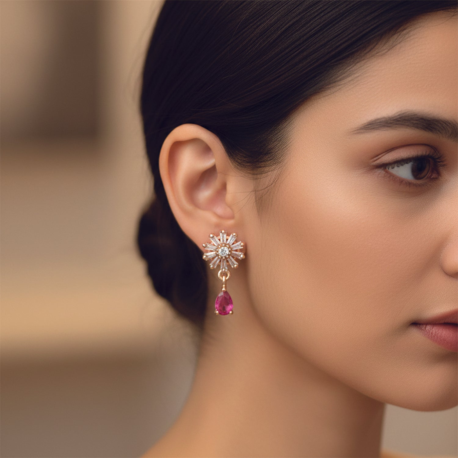 Victoria- Dark Pink Flower Drop Earrings