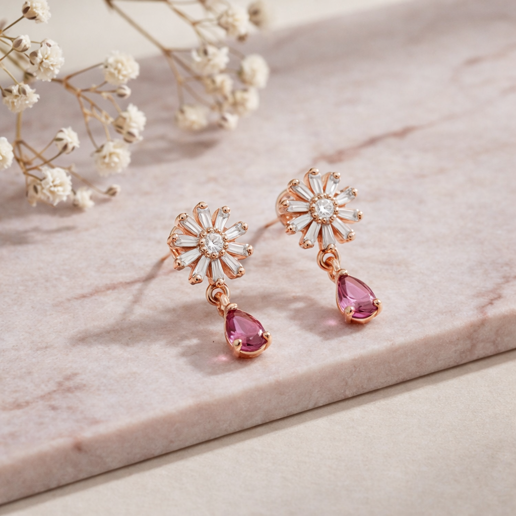 Victoria- Dark Pink Flower Drop Earrings