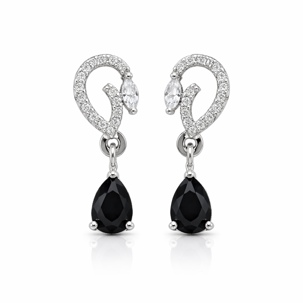 Aveline- Black Onyx Pear-Cut Drop Earrings with Diamond Swirl Accents