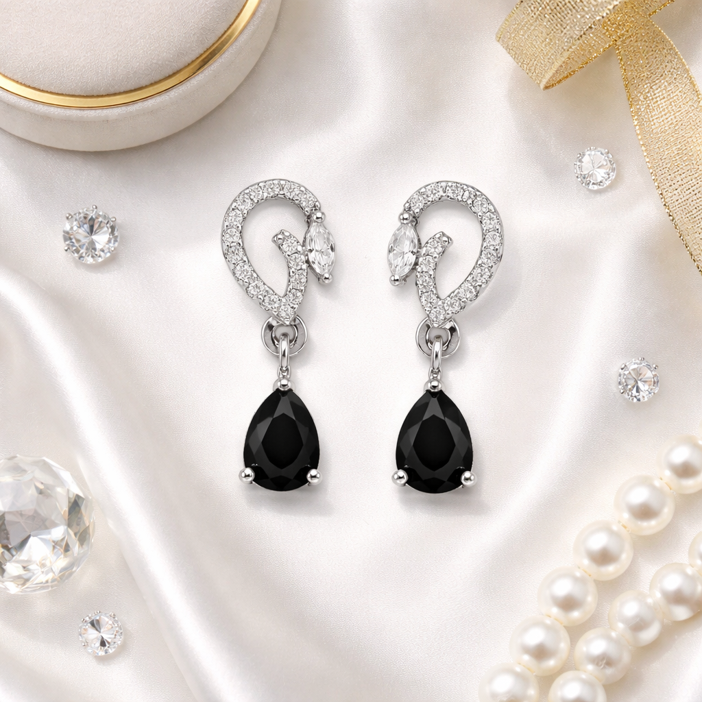 Aveline- Black Onyx Pear-Cut Drop Earrings with Diamond Swirl Accents