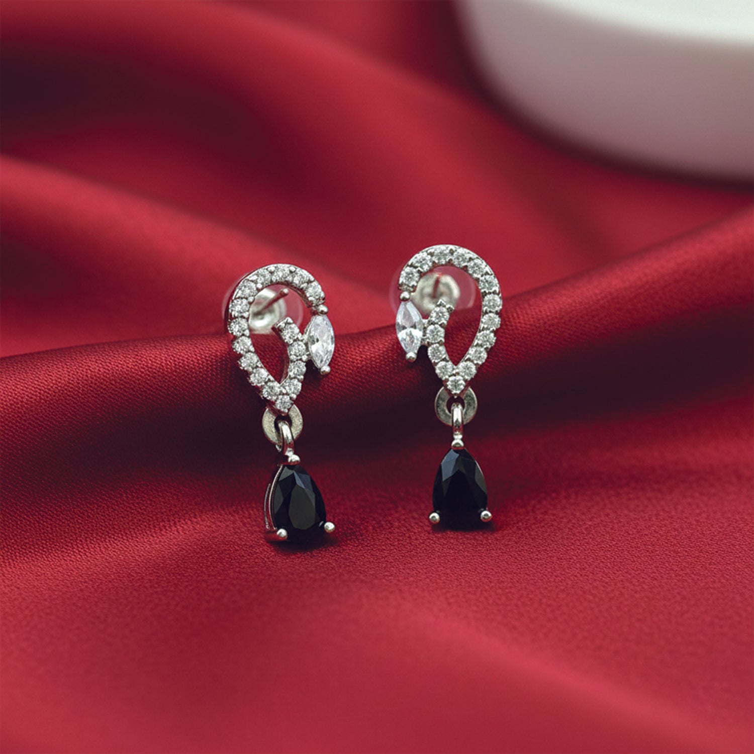 Aveline- Black Onyx Pear-Cut Drop Earrings with Diamond Swirl Accents