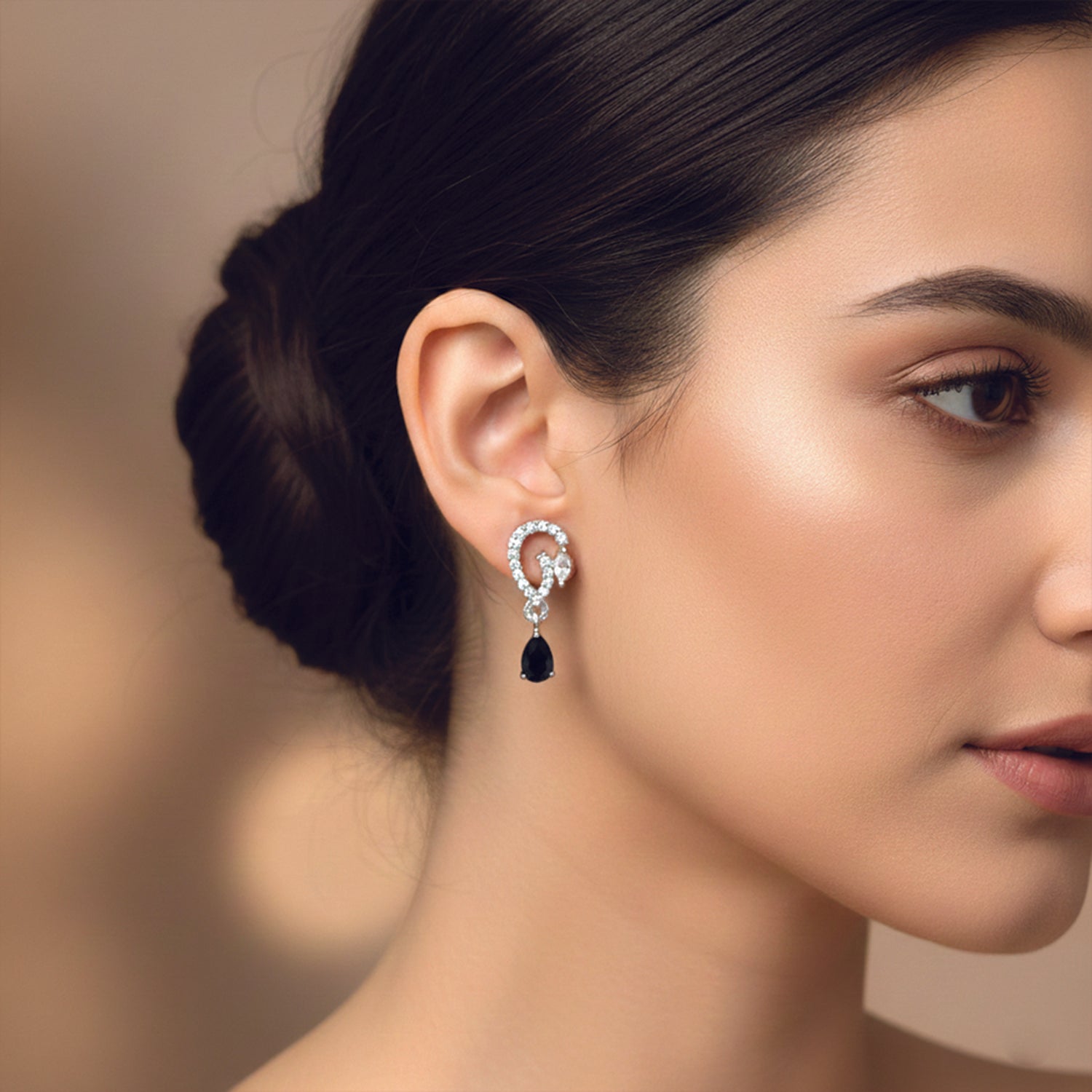 Aveline- Black Onyx Pear-Cut Drop Earrings with Diamond Swirl Accents