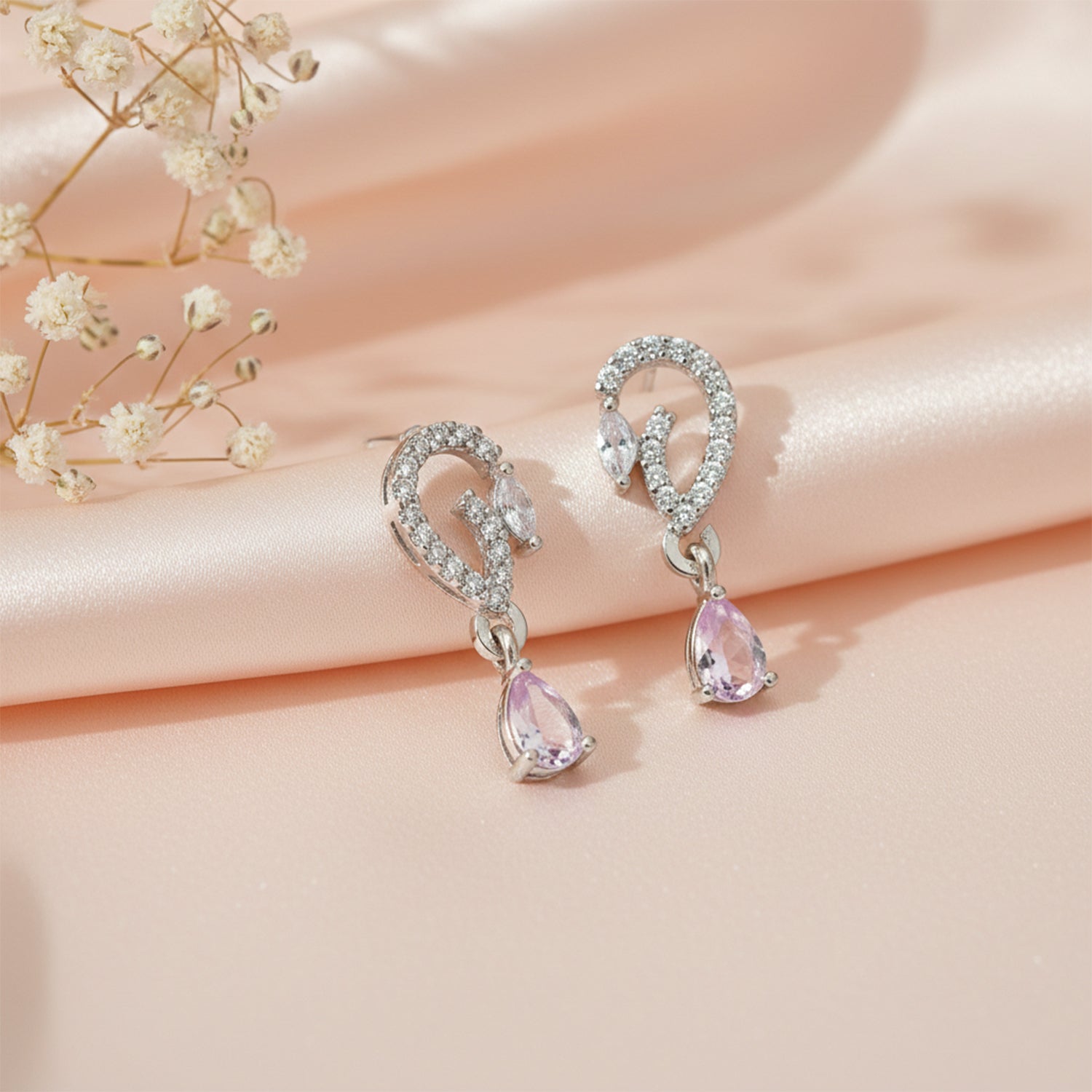 Aveline- Pink Onyx Pear-Cut Drop Earrings with Diamond Swirl Accents