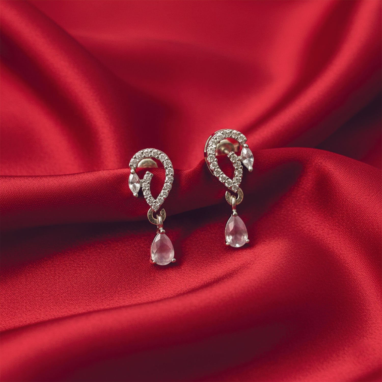 Aveline- Pink Onyx Pear-Cut Drop Earrings with Diamond Swirl Accents